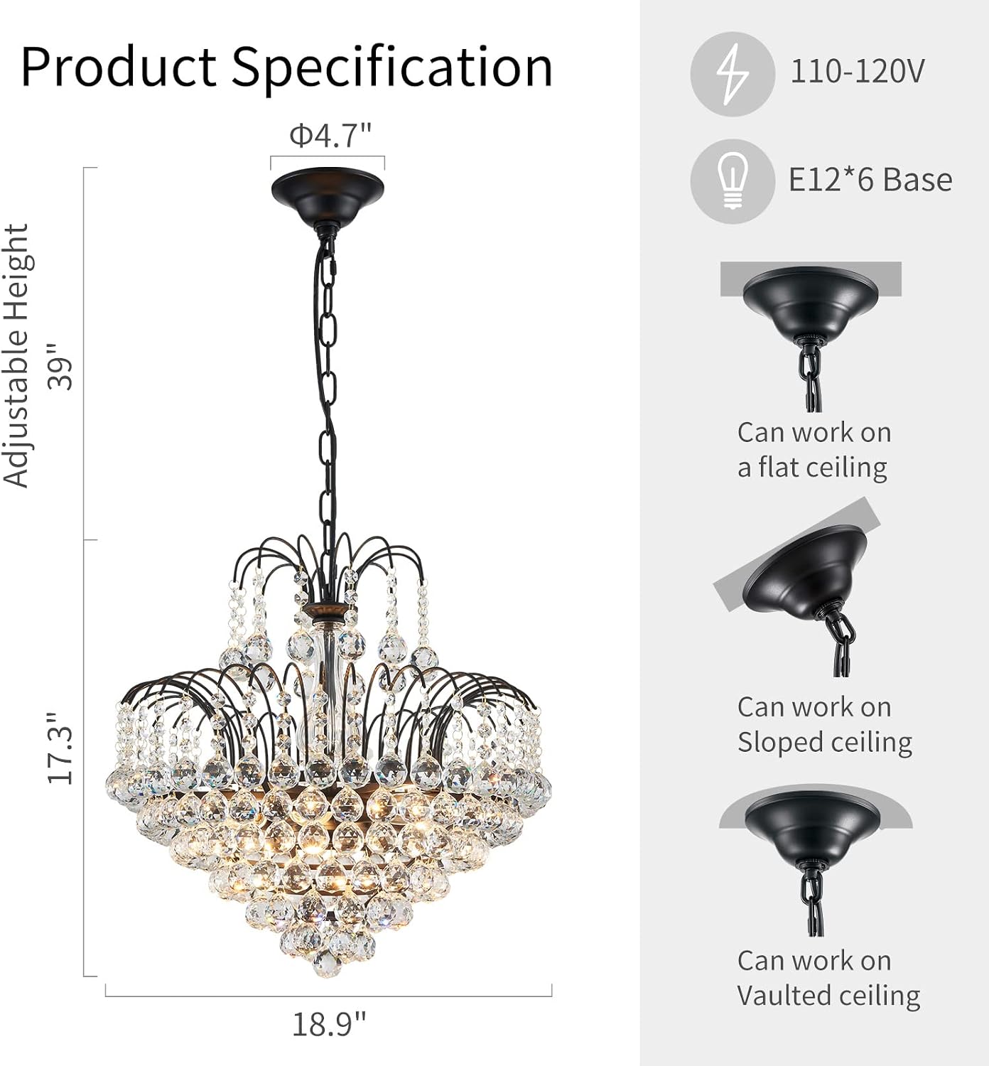 WUZUPS Crystal Chandelier Pendant Flushmount Ceiling Light Modern Lighting Fixture for Bedroom Hallway Bar Kitchen Bathroom, H 17.3' x W 18.9', Black, E12 Base