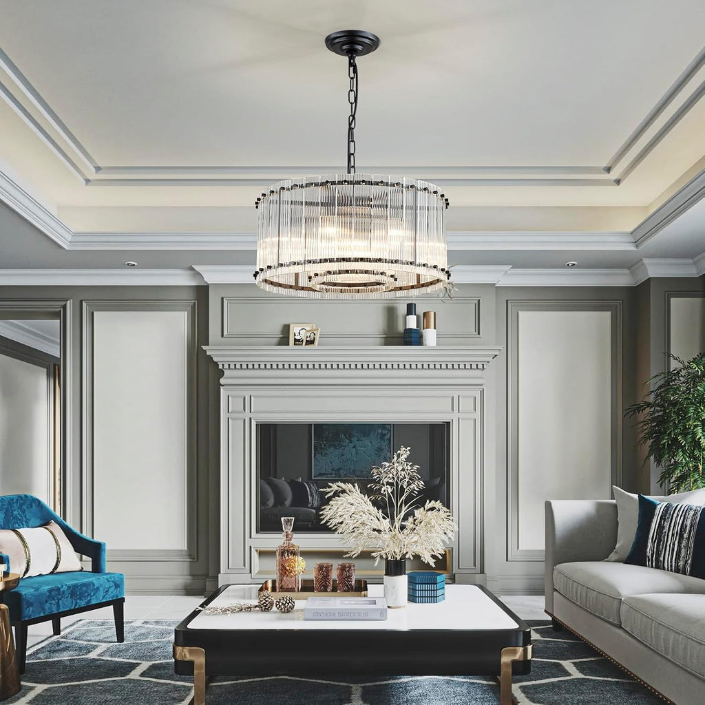 Saint Mossi Modern Glass Chandelier Light Fixture, Doule Layer Drum Pendant Modern Chandelier Lighting with 7-Light, Black Finish