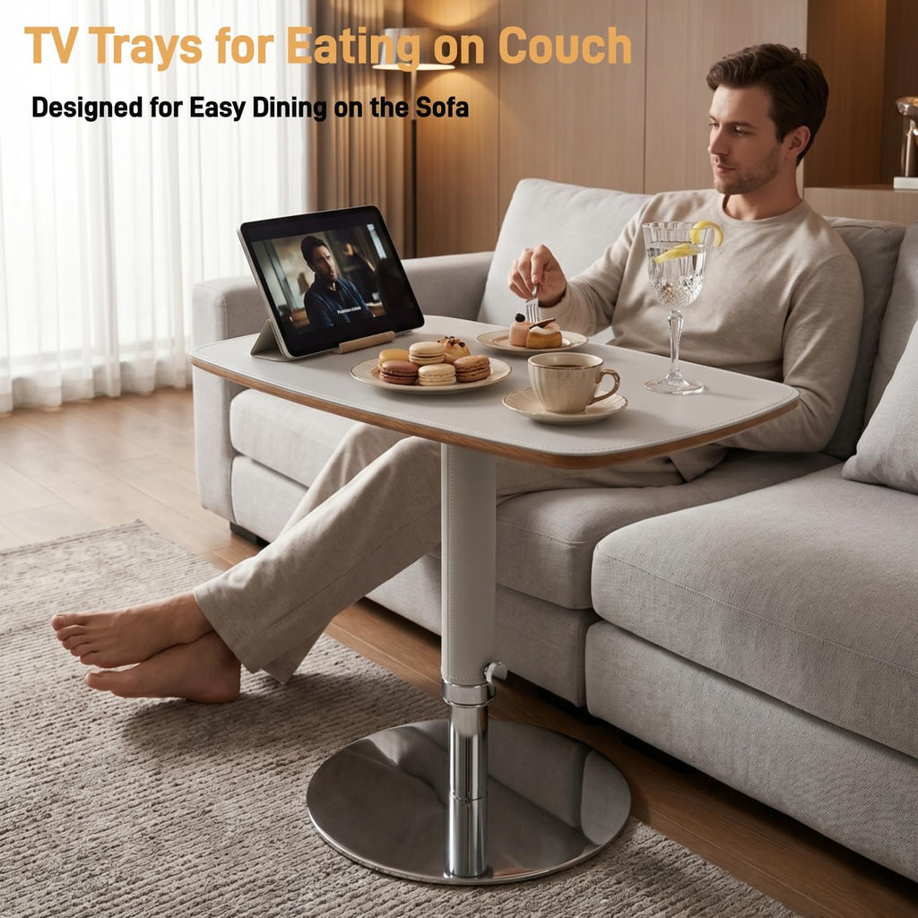 TV Trays for Eating on Couch, Adjustable Height 360° Swivel TV Tray with Saddle Faux Leather Top, Heavy Duty Snack Table for Sofa Bed Recliner, C Shaped Side Table for Laptop Dinner Small Spaces