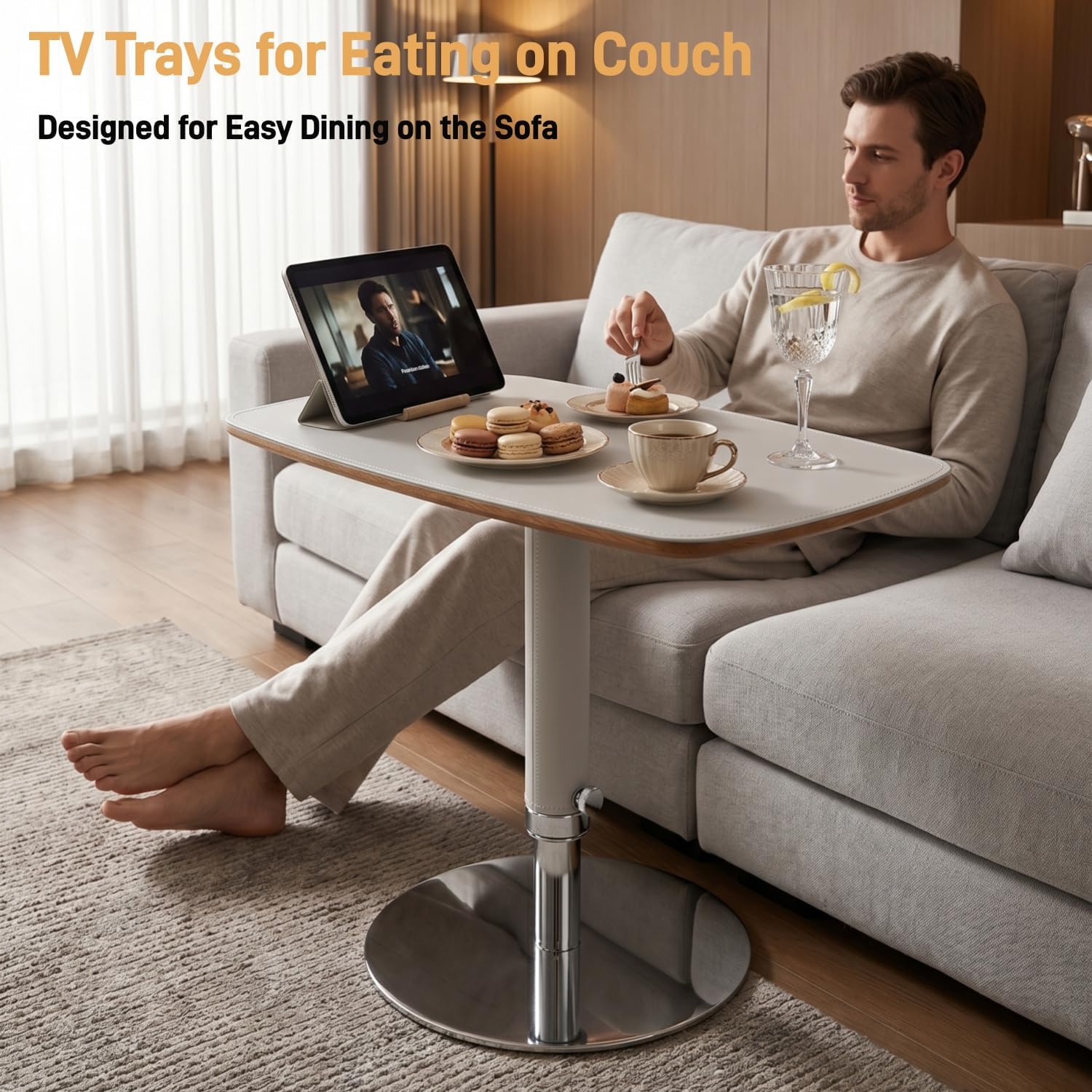 TV Trays for Eating on Couch, Adjustable Height 360° Swivel TV Tray with Saddle Faux Leather Top, Heavy Duty Snack Table for Sofa Bed Recliner, C Shaped Side Table for Laptop Dinner Small Spaces