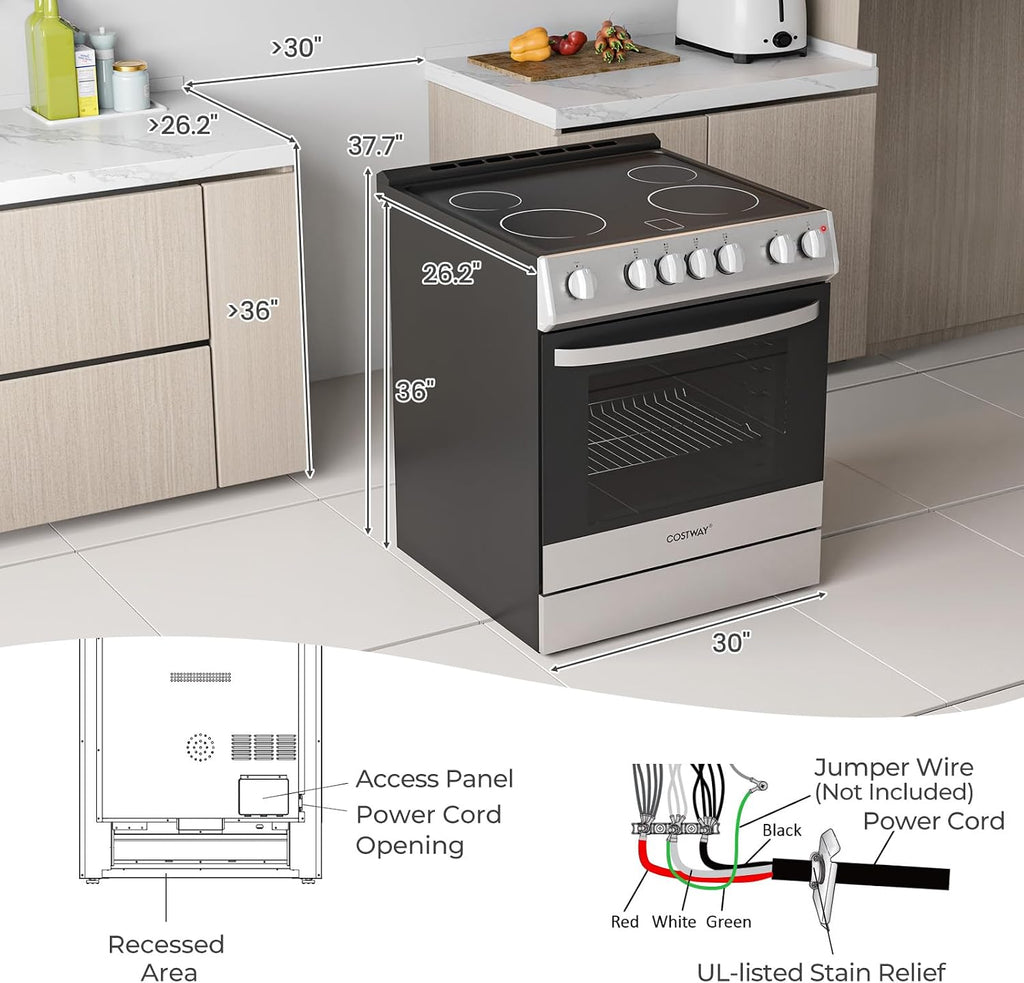 COSTWAY Electric Range, 30 Inch Freestanding & Slide-in Kitchen Stove with 4 Burners Ceramic Cooktop, 5.1 Cu.Ft. Capacity, Stainless Steel Convection Oven with 3 Cooking Modes and 10-120 Mins Timer