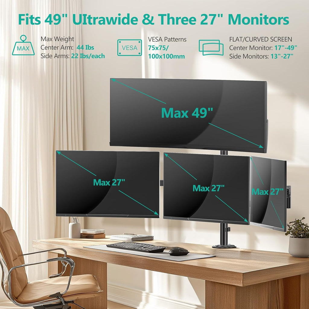 WALI Quad Monitor Mount for up to 49 inch Ultrawides on Top Bracket and 27 inch Screens on Lower Brackets, Extra Tall 4 Monitor Stand, Heavy Duty Monitors Arm up to 44 lbs (M004S-P), Black