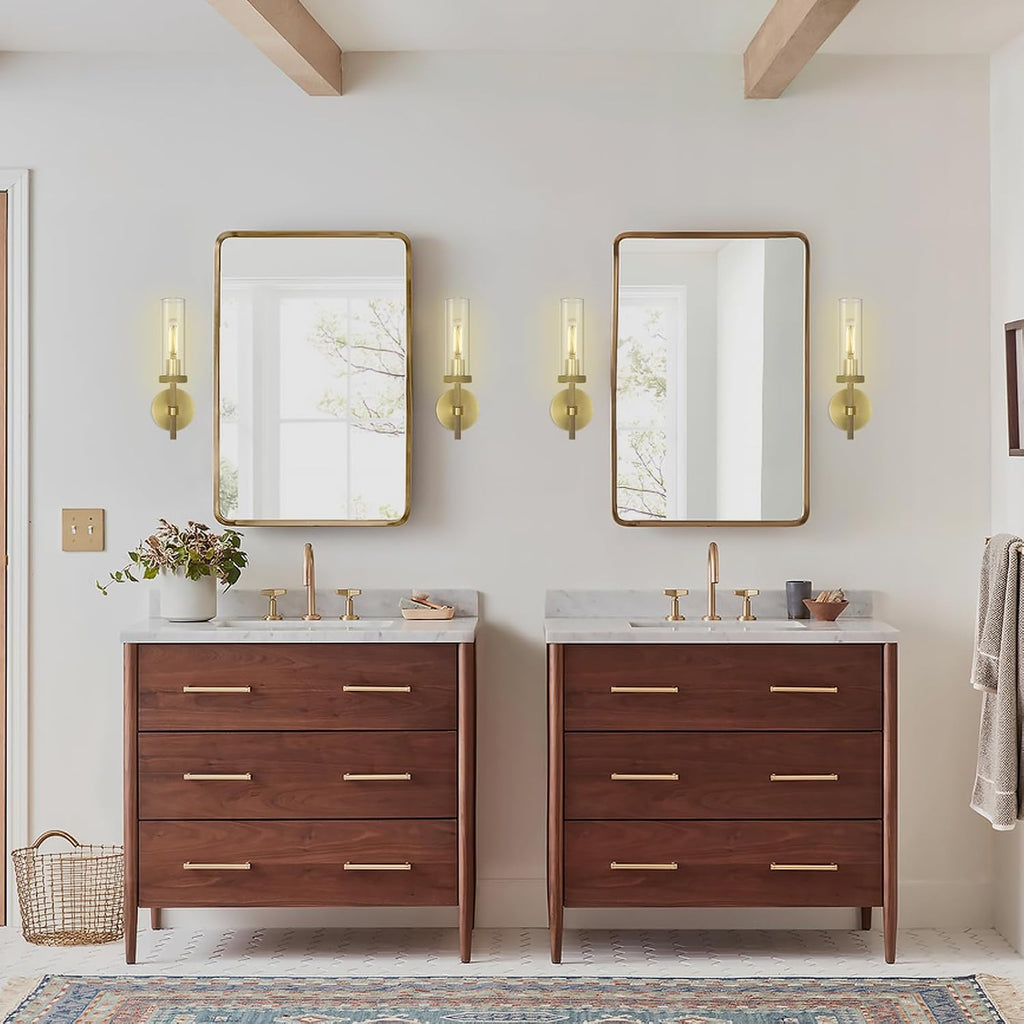 Knurled Brass Wall Sconces Indoors, Glass Tube Sconces Wall Lighting 14', Gold Bathroom Vanity Wall Sconces, Wall Lights For Living Room Bedroom Hallway Kitchen Bathroom Mirror(Including Bulb)