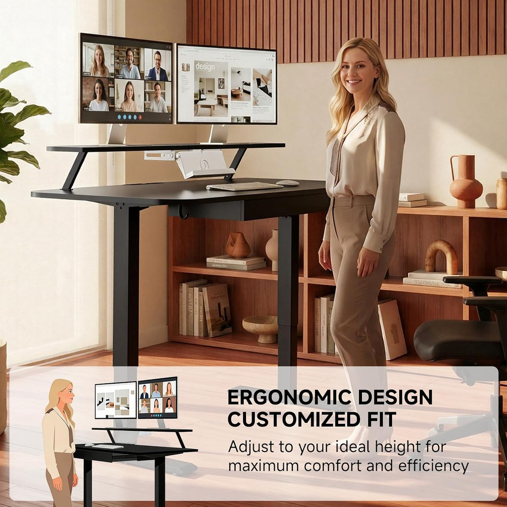GTPLAYER Electric Standing Desk with Drawers, 55 x 24 Inches Height Adjustable Computer Desk with Monitor Stand, Laptop Stand, Home Office Sit Stand Up Desk with Memory Preset, Black