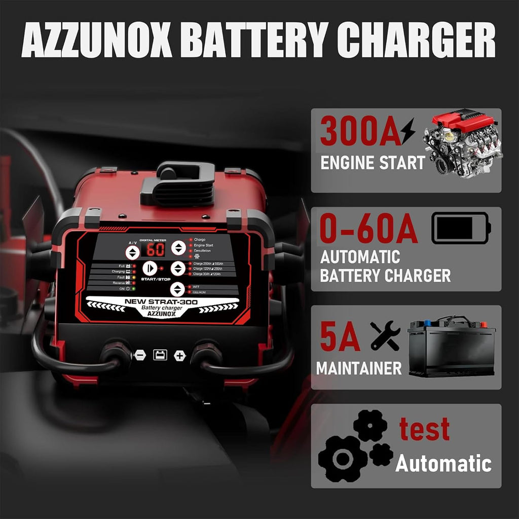 12V 24V Car Battery Charger & Engine Starter, 0-60A Automatic Battery Maintainer, 300 Cranking Amps, Jump Starter & Smart Trickle Charger