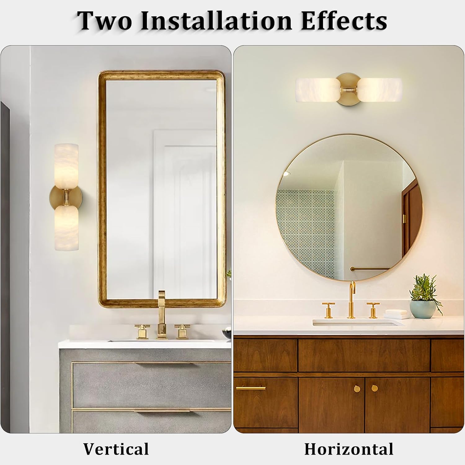 Alabaster Wall Sconces, 14' Modern Spanish Natural Marble Vanity Light, Dimmable Hardwired Brass Gold Wall Sconce Lighting for Bathroom Mirror, Bedroom, Living Room, Luxury Stone Wall Fixtures (1 Pcs)