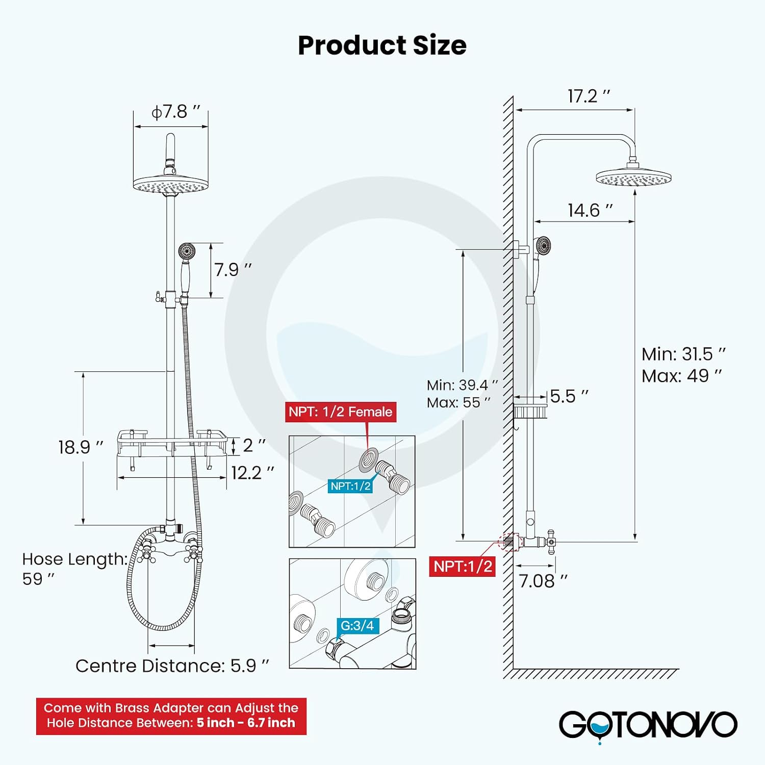 gotonovo Exposed Shower Faucet Set with Shower Shelf 8 inch Rainfall Shower Head with Handheld Sprayer Double Cross Handles Shower System Dual Functions Wall Mounted Antique Brass