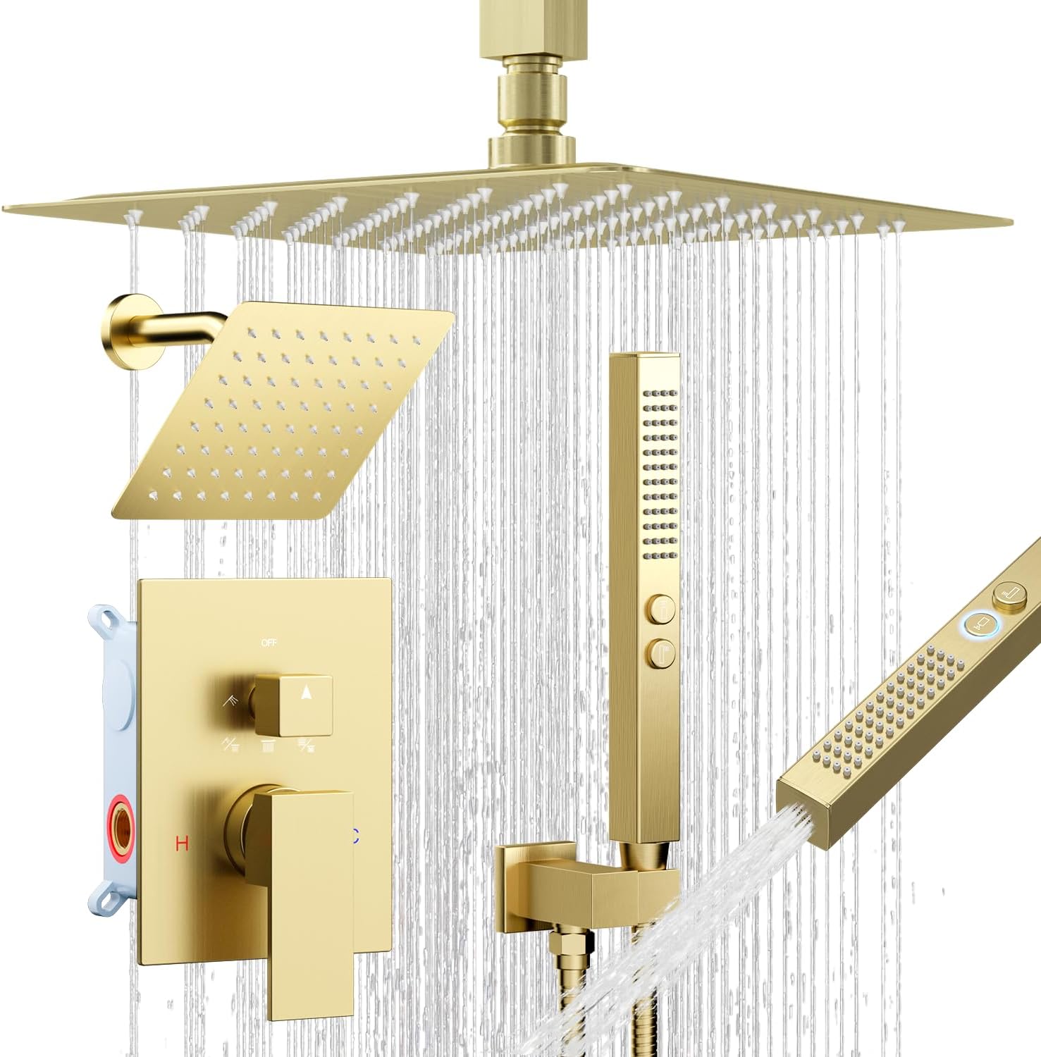 Shower System Brushed Gold Shower Faucet Set,Five Functions Knob Diverter Rainfall Shower Faucet with 2 in 1 Handheld,10'' Ceiling Mount and 6'' Wall Mount Rainfall Shower System