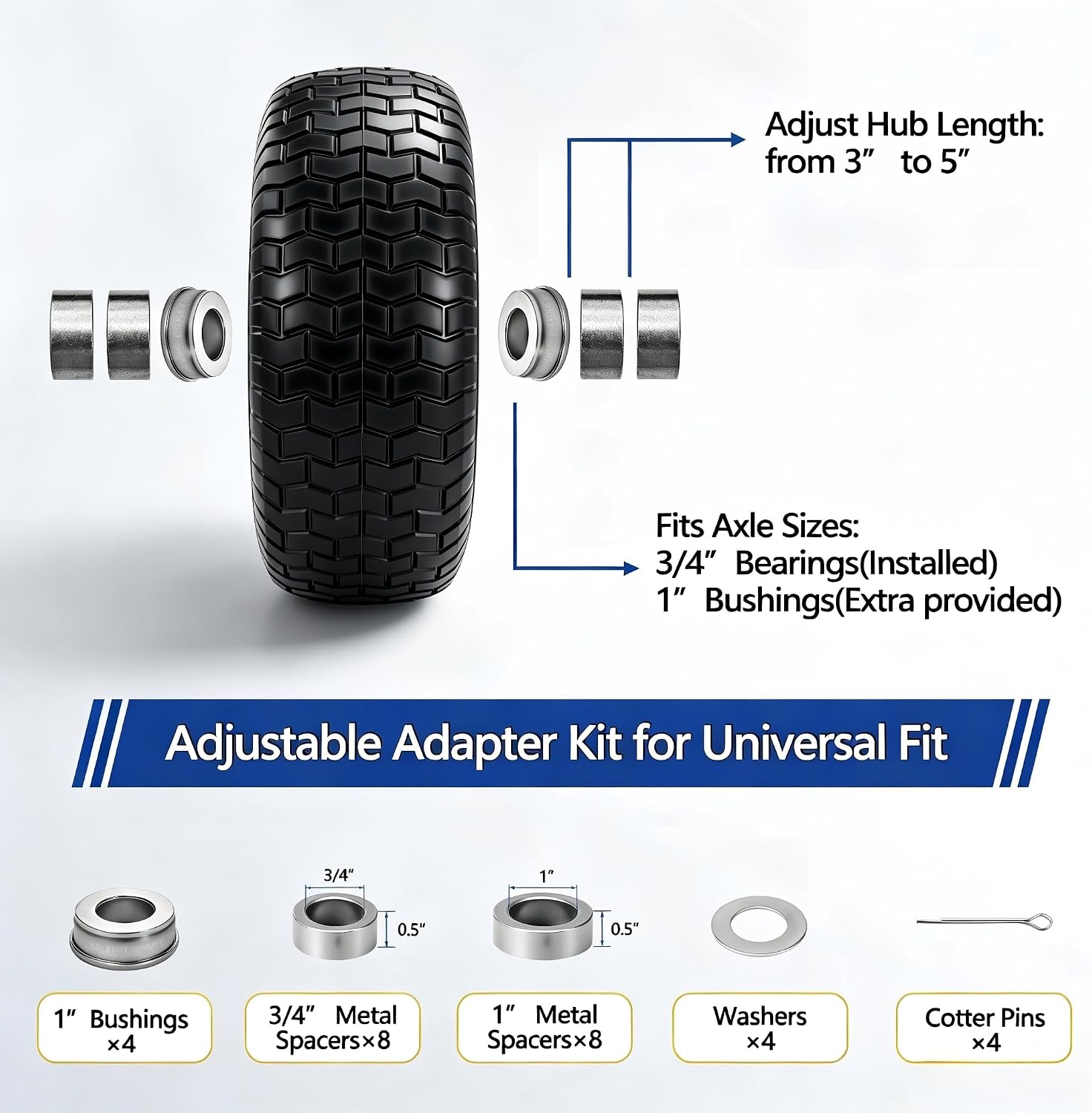 2 Pcs 16x6.50-8 Flat Free Lawn Mower Tire and Wheel, 16x6.5-8 Solid Turf Tire with 3/4' Bearing & Extra 1' Bushing, 3'-5' Offset Hub, Replacement Front Tire for Riding Mower and Graden Tractor, 550LBS