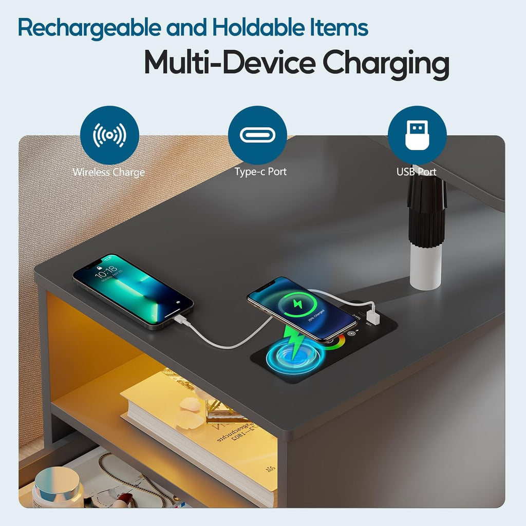 WOOVIVS Nightstand Set of 2 with USB Charging Station, Bedside Table with Storage Drawer, Rotatable Bracket, Modern Design (Grey)