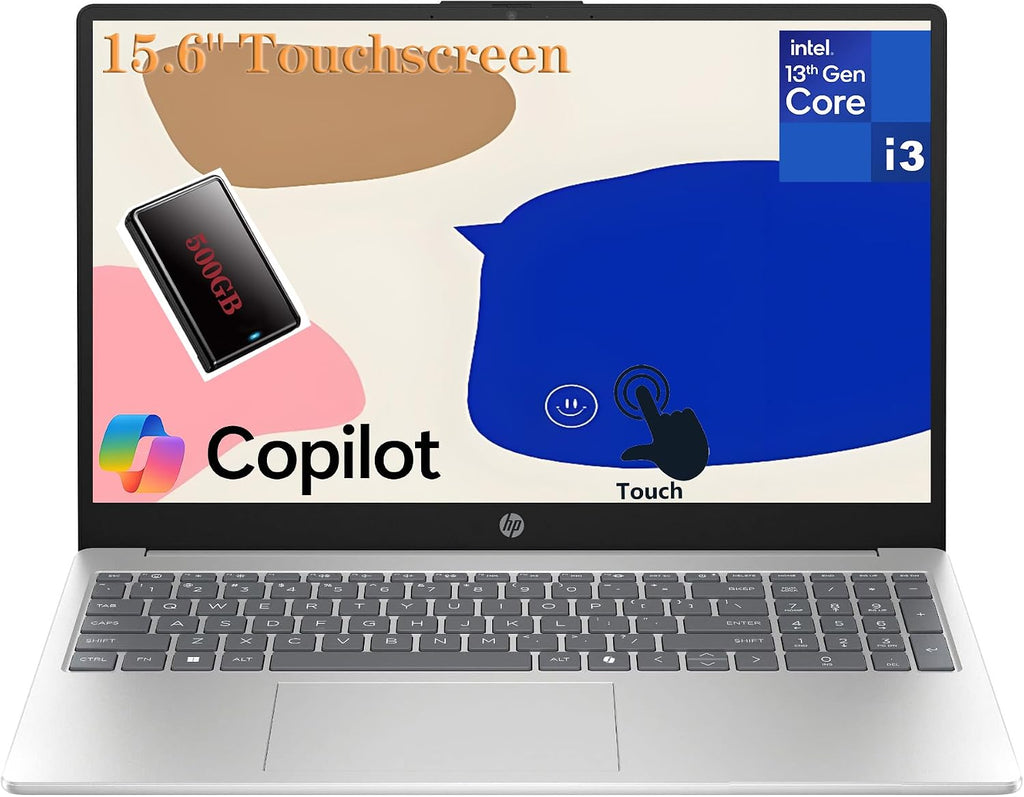 HP 15.6' Touchscreen Laptop Computer for Student & Business– Intel 13th Core i3‑1315U (Up to 4.5GHz), 4GB RAM, 512GB SSD, Windows 11 Pro, Anti-Glare, Copilot AI, Wi‑Fi 6, Bluetooth 5.3, w/Accessories