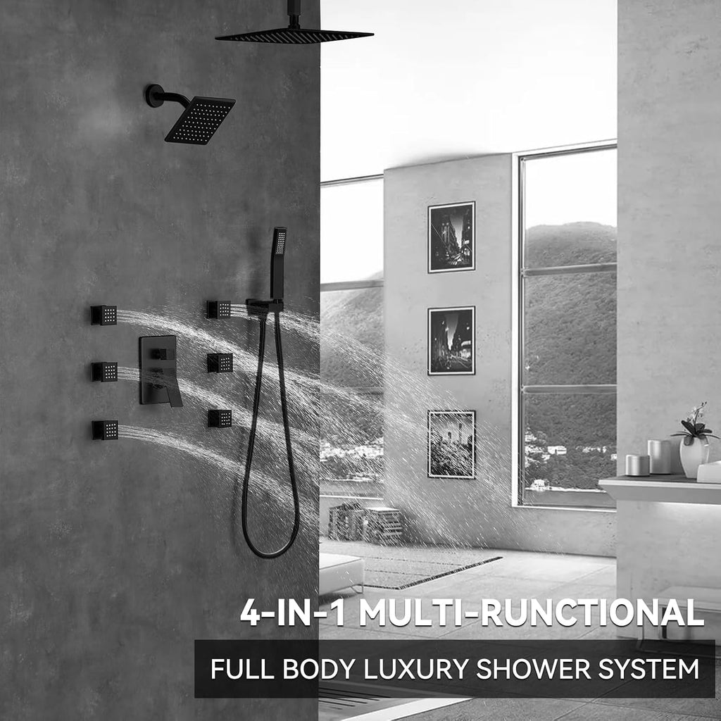 Shower System Matte Black Dual Shower Head with Body Jets, Oupukle Four Modes Shower Faucet Set Ceiling Mount 12' Rain Shower Head & 6' Wall Mounted Head with 6PCS Body Jets