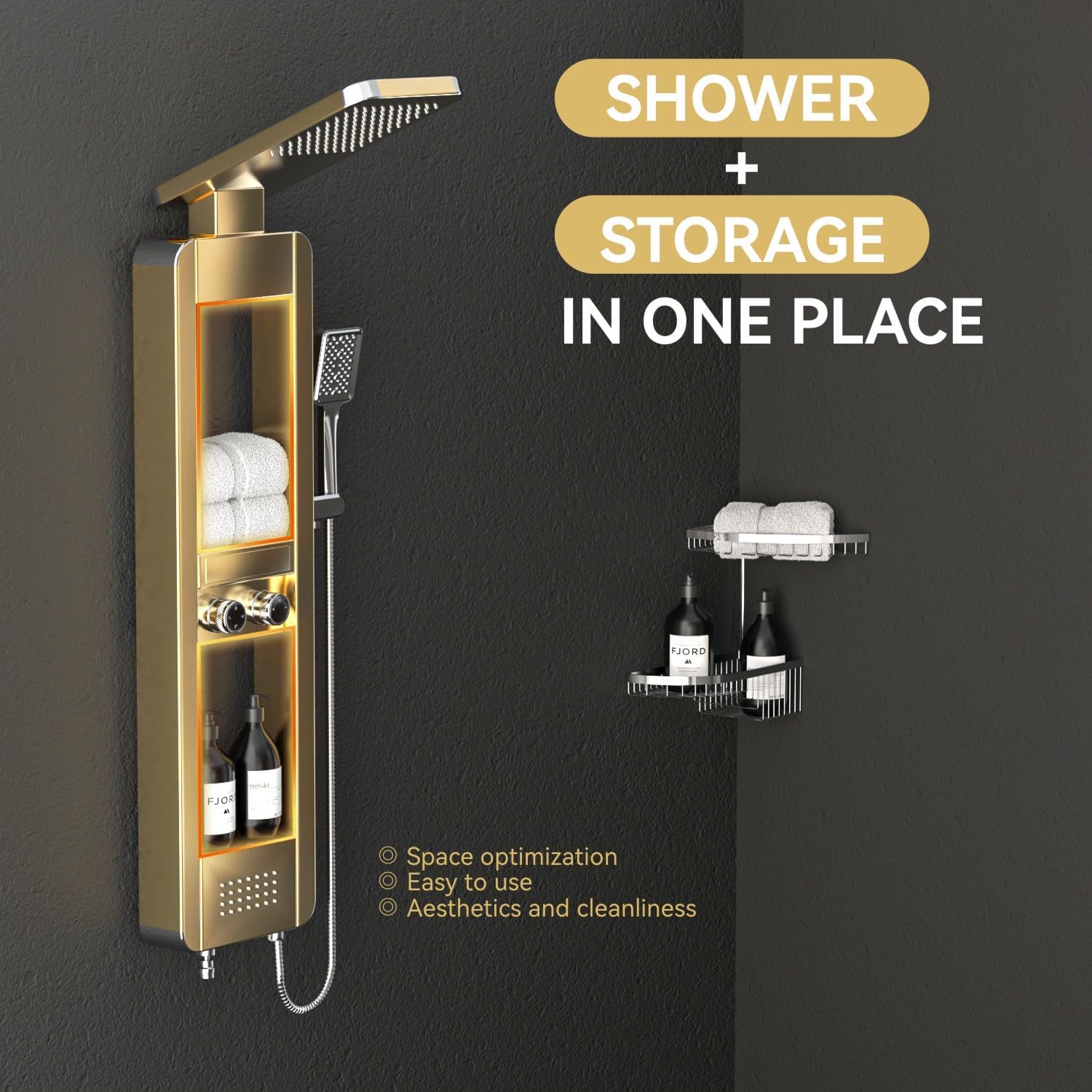 ELLO&ALLO Shower Panel Tower System with Shelf, Rainfall Shower Head and Rain Massage System with Body Jets, Stainless Steel Bathroom Fixtures, Brushed Gold&Chrome