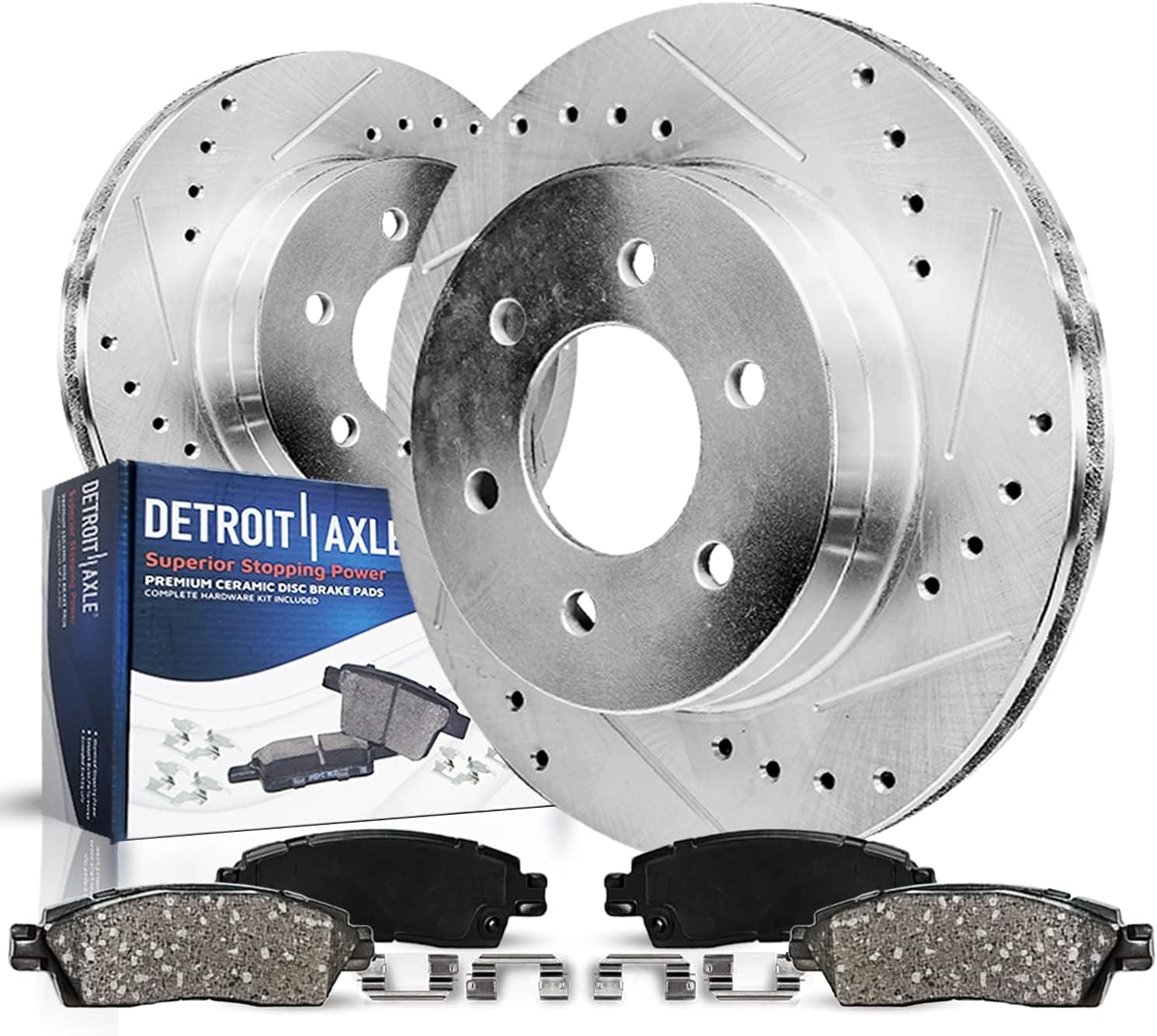 Detroit Axle - Rear Brake Kit for GMC Silverado Sierra 1500 Yukon XL Chevy Tahoe Suburban Cadillac Escalade ESV, Drilled Slotted Disc Brake Rotors Ceramic Brakes Pads Replacement : 13.58' inch Rotor