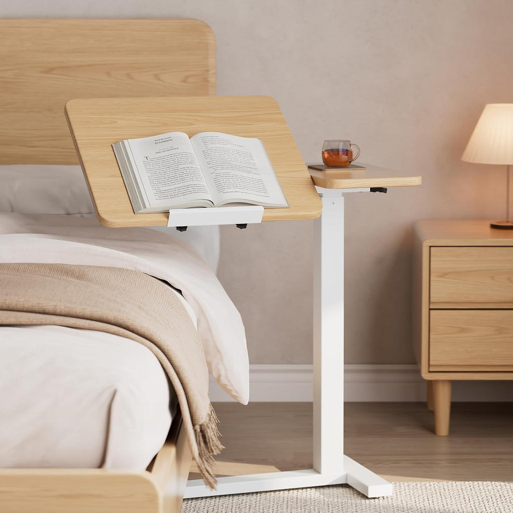 Solid Wood Overbed Bedside Table with Wheels, Tilting Adjustable Hospital Bed Table Over The Bed, Medical Mobile Laptop Stand, Rolling Standing Desk for Hospital and Home Use(Natural)