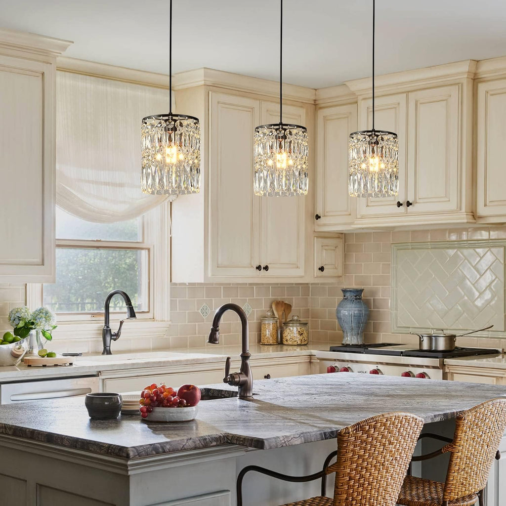 Modern K9 Crystal Chandeliers for Dining Room Black Pendant Light Fixtures Unique Kitchen Island Lighting Height Adjustable Ceiling Light for Bedroom Living Room Compatible with E26 Bulb (2-Pack)