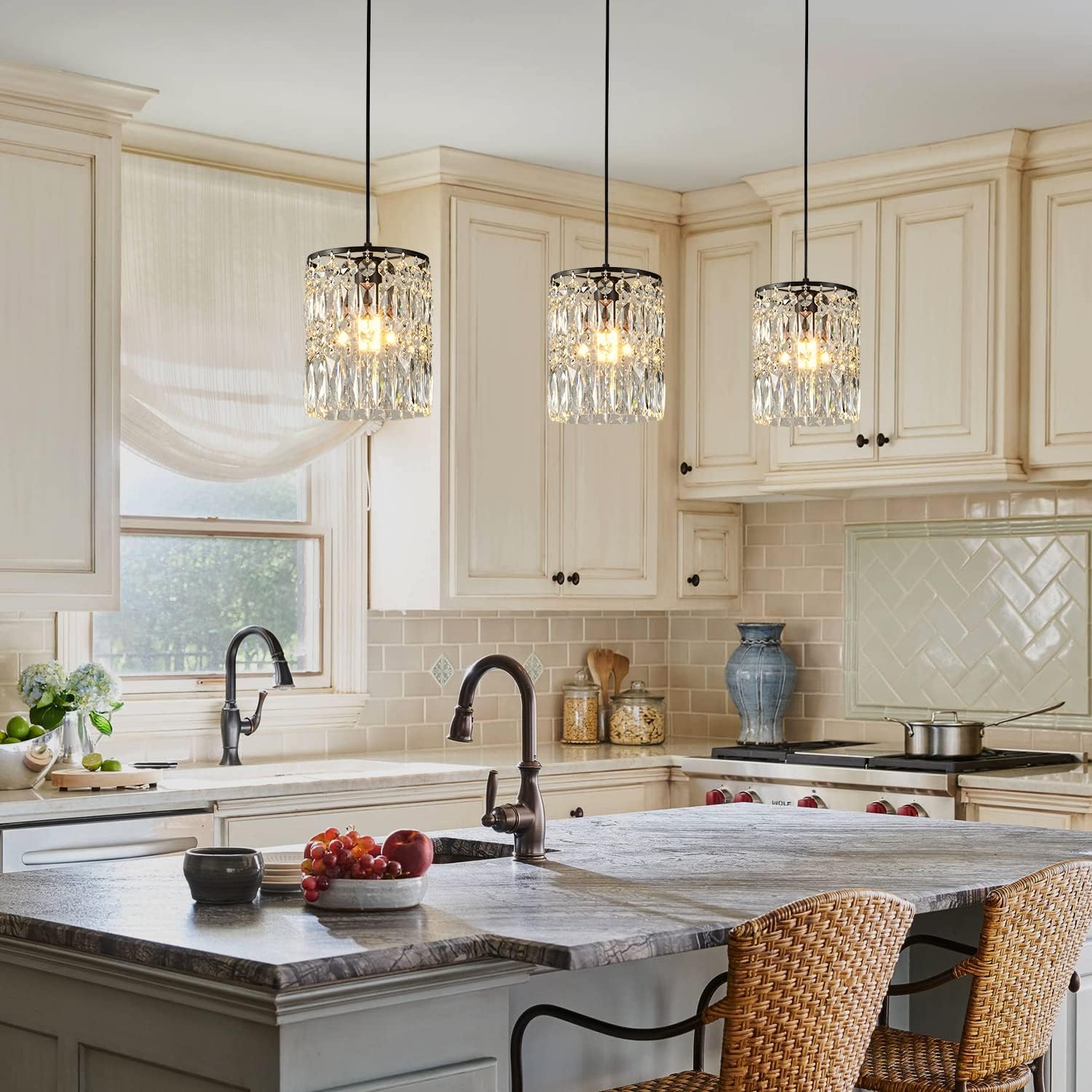 Modern K9 Crystal Chandeliers for Dining Room Black Pendant Light Fixtures Unique Kitchen Island Lighting Height Adjustable Ceiling Light for Bedroom Living Room Compatible with E26 Bulb (2-Pack)