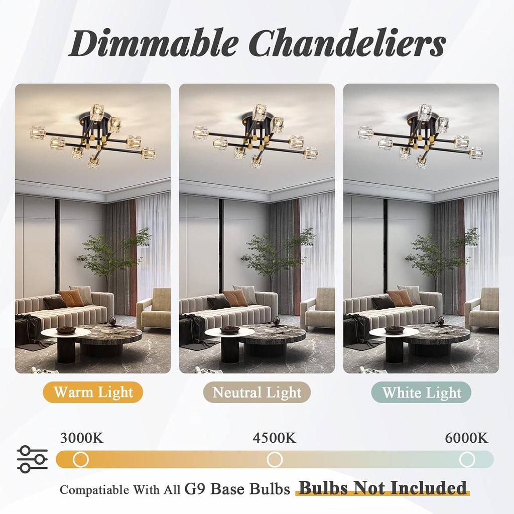 Modern Sputnik Ceiling Light Fixture with 8 Light,Black and Gold Semi Flush Mount Ceiling Light,K9 Crystal Chandeliers for Bedroom, Dining Room, Kitchen Island, Living Room