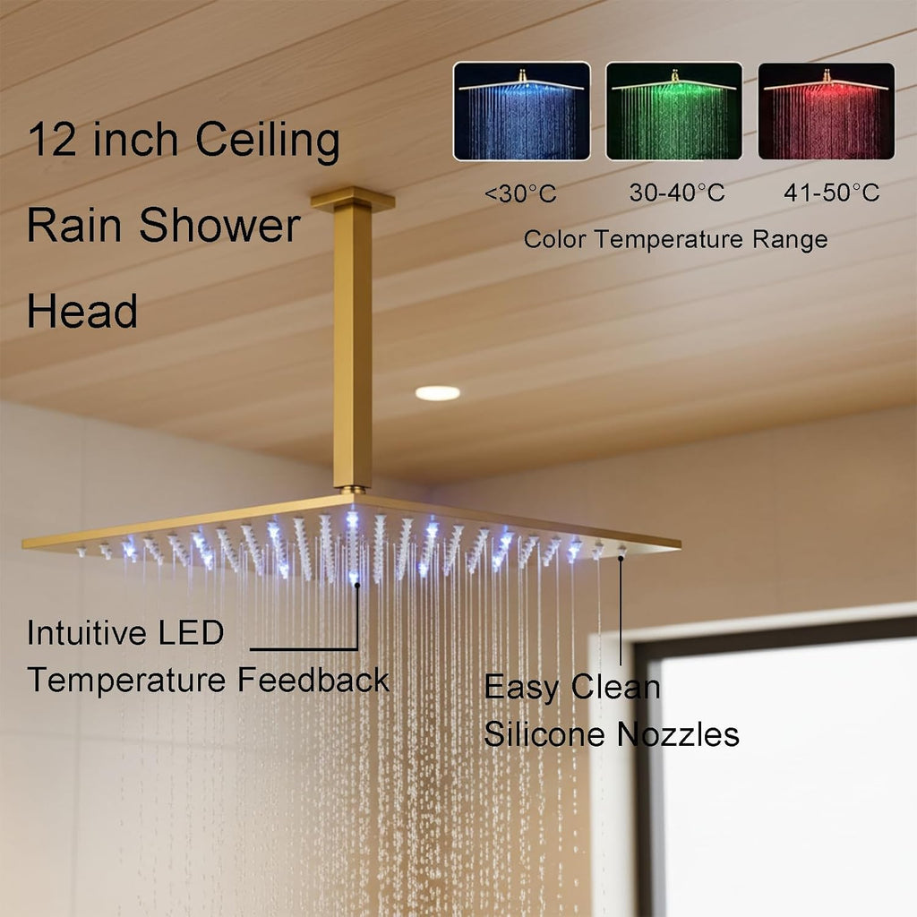 4 Way Thermostatic Shower Diverter System with 12 inch Shower Head and Tub Spout, Brushed Gold Bathroom Shower Faucet Set with 6 Body Jet and Handheld Spray