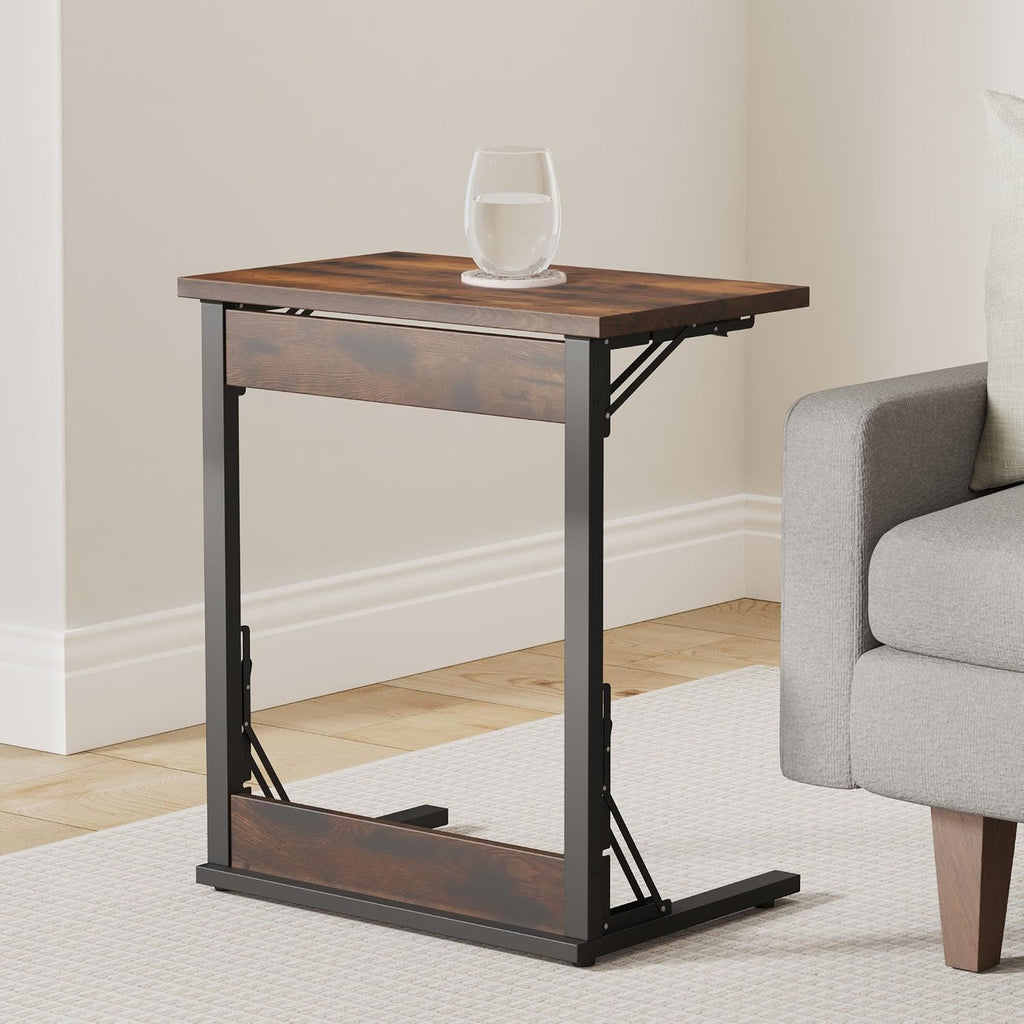 Tatub 24' Folding C Shaped End Table Set of 2, Small Sofa Side Laptop Desk, Couch TV Tray Table for Living Room, Bedroom, Rustic Brown