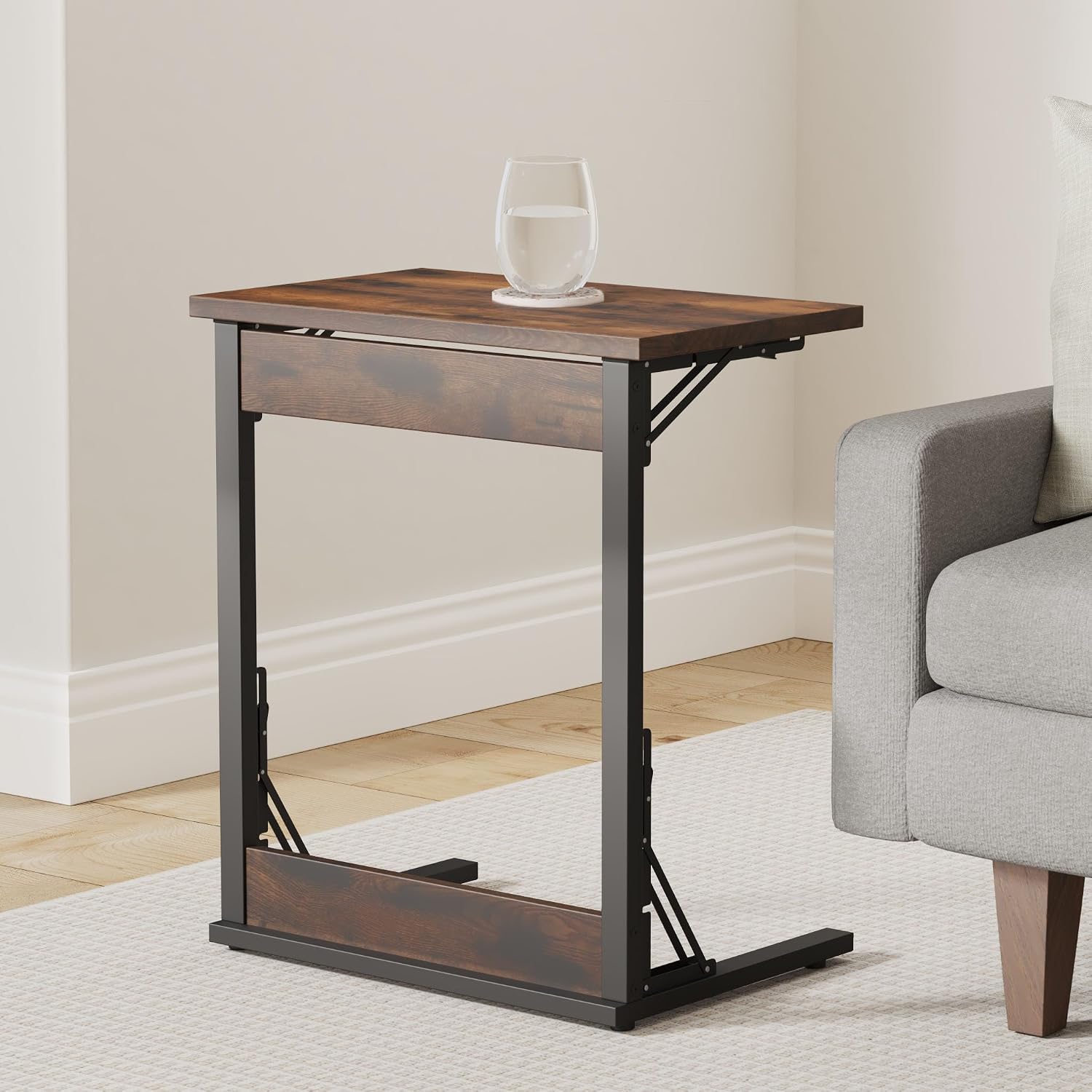 Tatub 24' Folding C Shaped End Table Set of 2, Small Sofa Side Laptop Desk, Couch TV Tray Table for Living Room, Bedroom, Rustic Brown