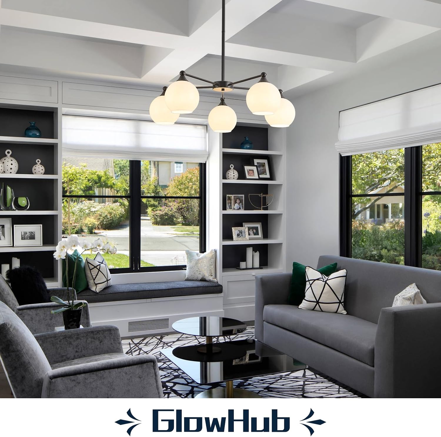 GlowHub Modern Black Chandelier with Milk White Glass Shades 30' Globe Pendant Light Fixture 5 Lights Mid Century Sputnik Chandelier for Dining Room Bedroom Entryway
