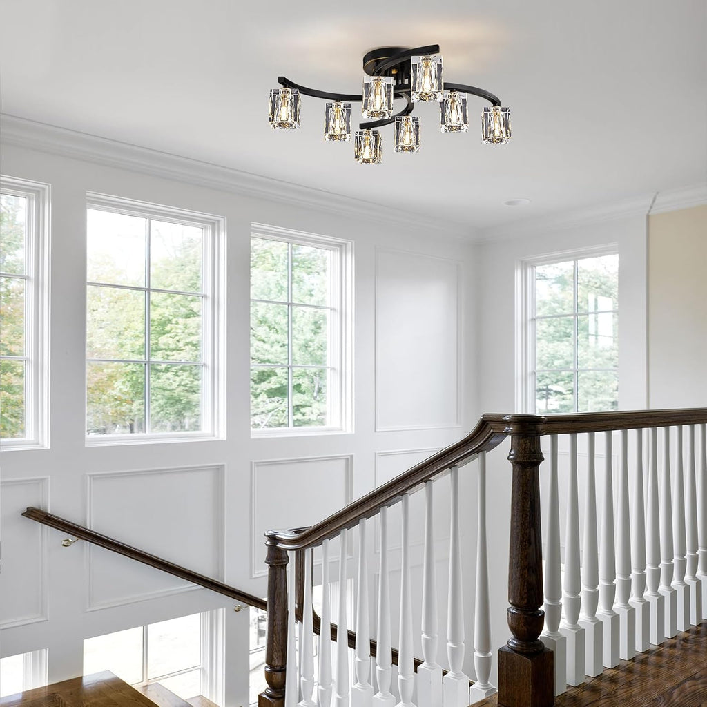 8-Light Semi Flush Mount Ceiling Light, Black and Gold Ceiling Fixture, Farmhouse Dining Room Light Fixture with K9 Crystal Shade, Modern Chandelier for Living Room,Bedroom,Entryway