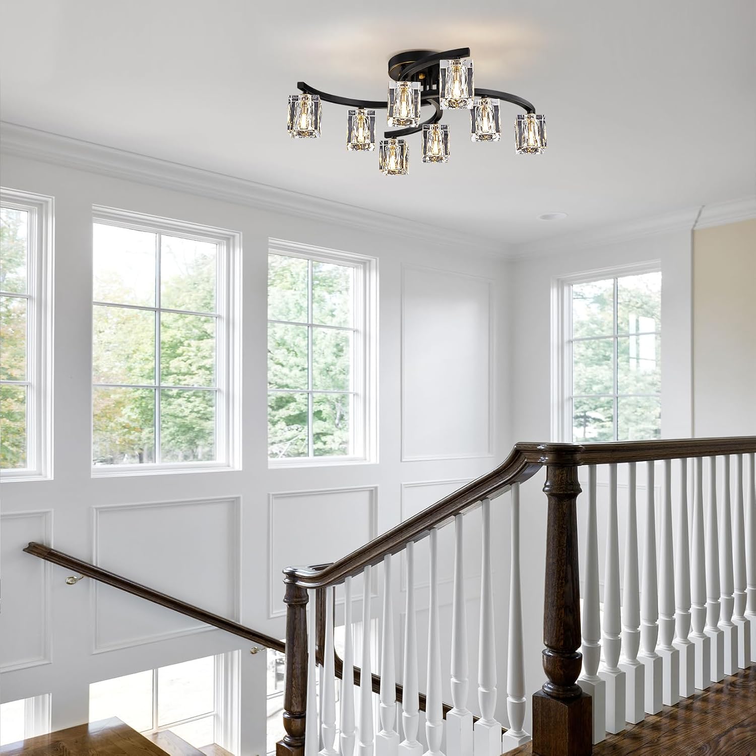 8-Light Semi Flush Mount Ceiling Light, Black and Gold Ceiling Fixture, Farmhouse Dining Room Light Fixture with K9 Crystal Shade, Modern Chandelier for Living Room,Bedroom,Entryway