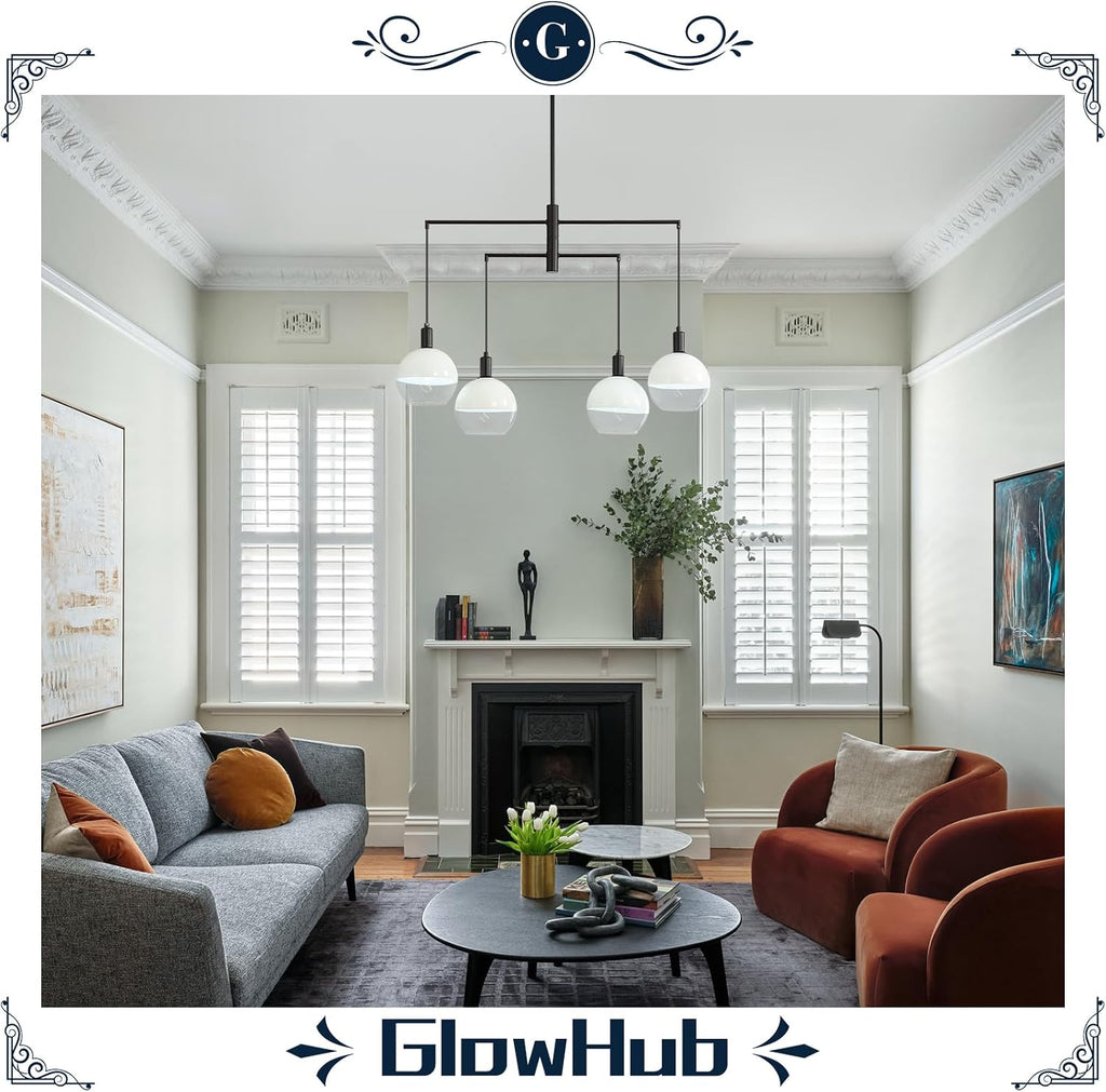 GlowHub Modern Black Chandelier with Milk White Glass Globe Shades 30' 4-Light Pendant Light Mid-Century Sputnik Chandelier Cluster Hanging Light Fixture for Dining Room Entryway Kitchen