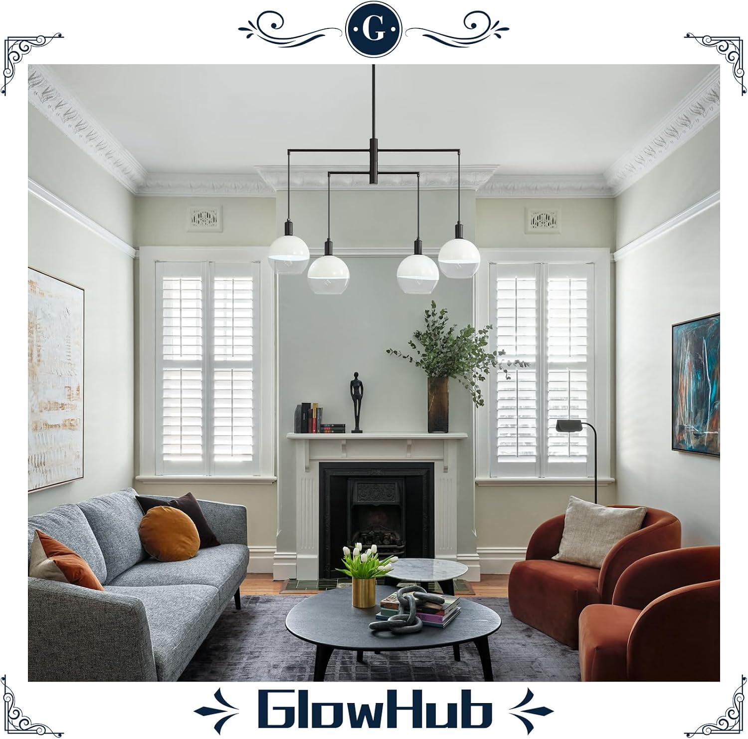 GlowHub Modern Black Chandelier with Milk White Glass Globe Shades 30' 4-Light Pendant Light Mid-Century Sputnik Chandelier Cluster Hanging Light Fixture for Dining Room Entryway Kitchen