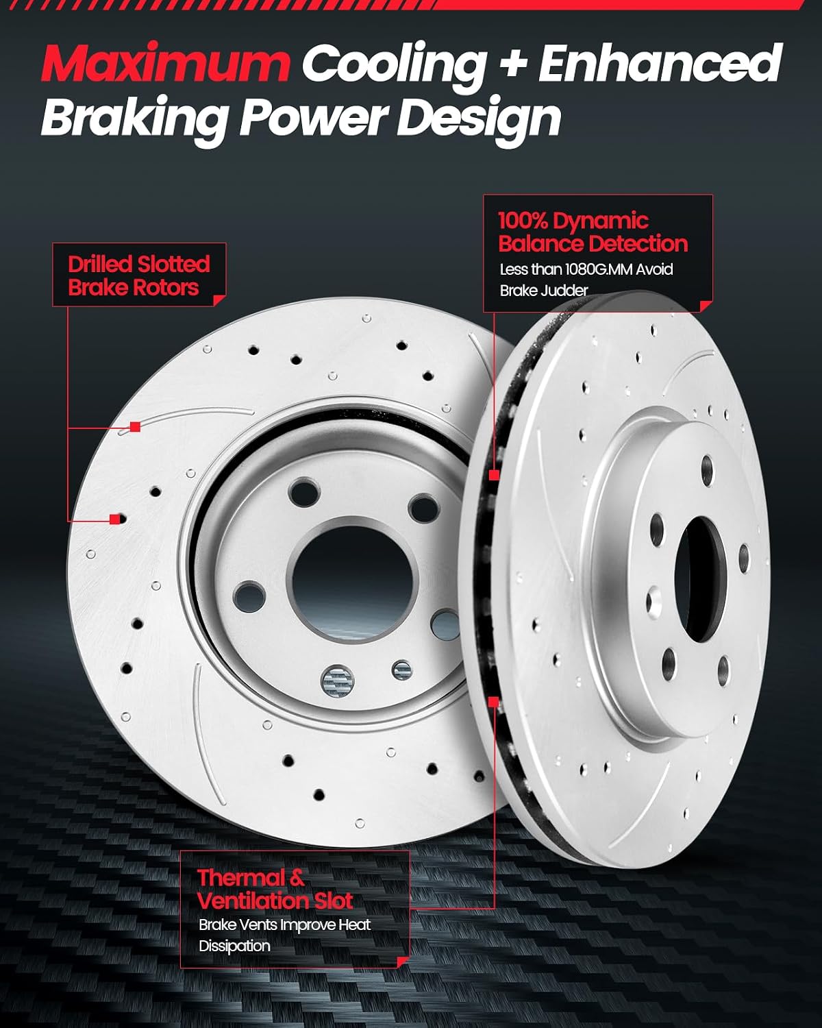 Front Geomet Coated Brake Kit Compatible with 2009-2015 Honda Pilot, 2007-2013 Acura MDX|329.8mm(13in)|Drilled and Slotted Automotive Brake Discs & CARBON FIBER Ceramic Brake Pads