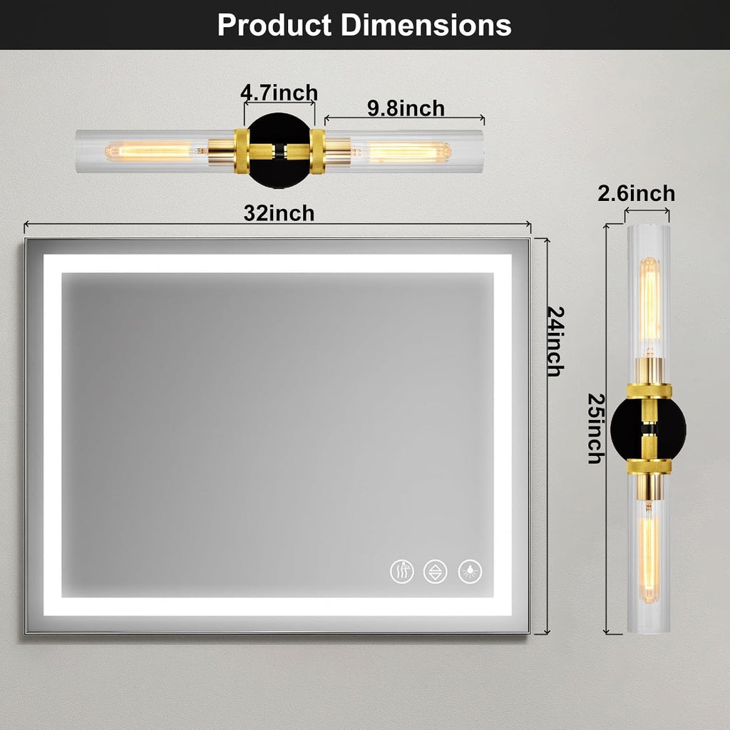 LaLuLa Black and Gold Vanity Light Fixtures 2-Pack – Modern Hardwired Dual-Light Wall Sconces with Rippled Glass Shades, Textured Metal Bathroom Lighting for Over Mirror or Hallway, 25' Height