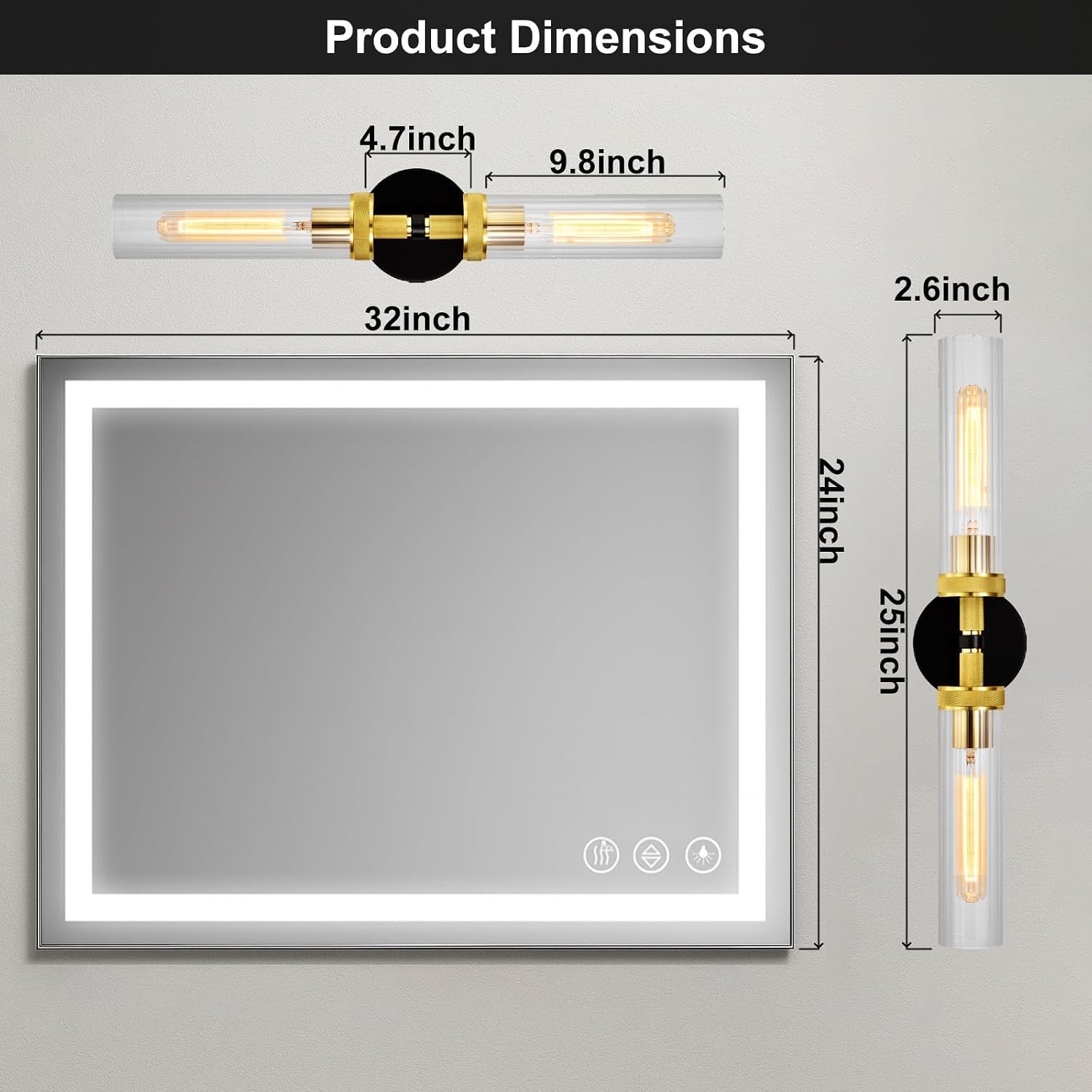 LaLuLa Black and Gold Vanity Light Fixtures 2-Pack – Modern Hardwired Dual-Light Wall Sconces with Rippled Glass Shades, Textured Metal Bathroom Lighting for Over Mirror or Hallway, 25' Height