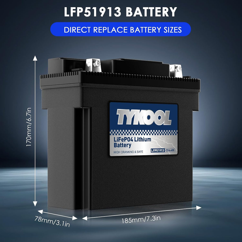TYKOOL LFP51913 Lithium Motorcycle Battery, Replaces 51913 YT19BL-BS PC680, 600CCA 12Ah, Fits for BMW R1150RT R1150GS R1200RT R1200C K1200LT K1200GT Moto Guzzi California 1100, Digital Readout [- +]
