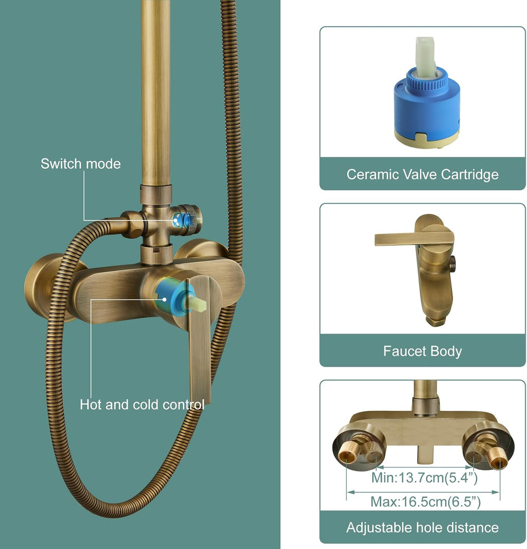 Heyalan Antique Brass Exposed Pipe Shower System 8 Inch Rainfall Shower Head Brass Fixture Combo Set Single Handle Handheld Sprayer Bathroom Shower Faucet Dual Functions