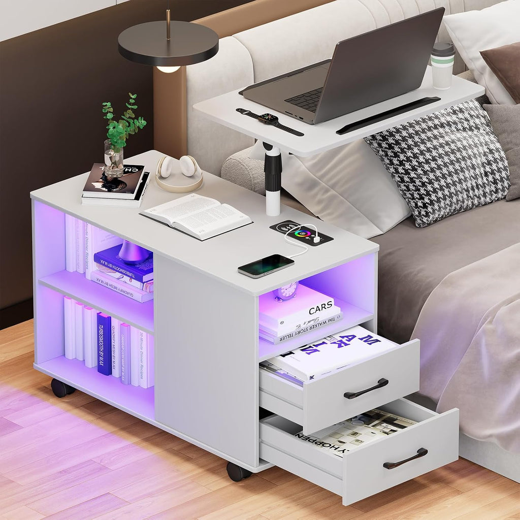 HNEBC LED Nightstand with RGB Lights&Charging Station for Bedroom, Smart Bedside Table with Lockable Wheels, 2 Drawer, Modern End Side Table with Adjustable Rotary (White)