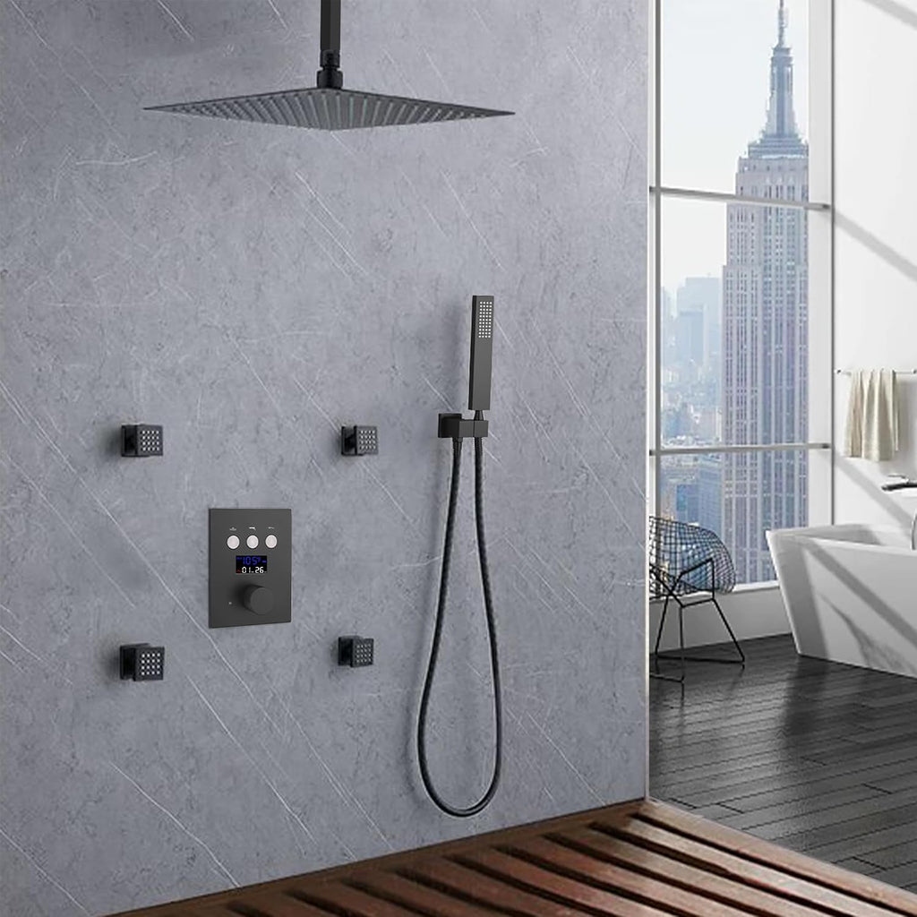 Shower Faucet System Matte Black Ceiling Mount 12 Inch Full Body Shower Head Set With 4PCS Body Spray Jet Three Function Shower Mixer Set, Can Work Together