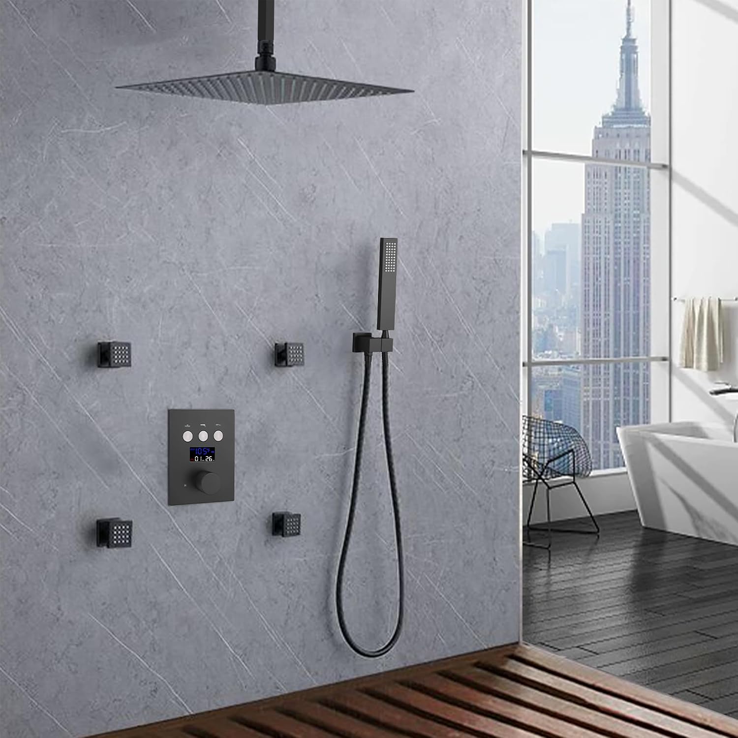 Shower Faucet System Matte Black Ceiling Mount 12 Inch Full Body Shower Head Set With 4PCS Body Spray Jet Three Function Shower Mixer Set, Can Work Together