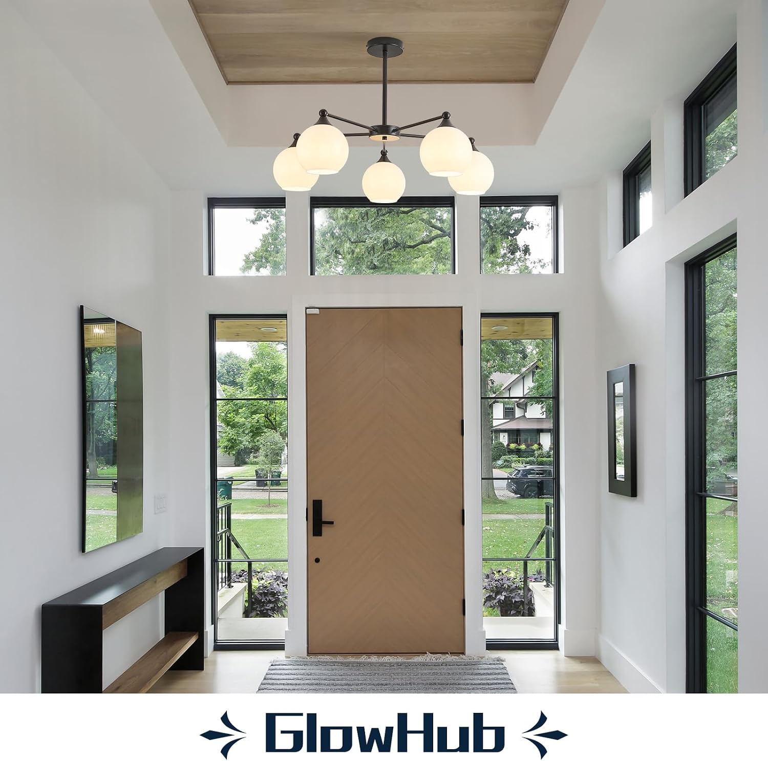 GlowHub Modern Black Chandelier with Milk White Glass Shades 30' Globe Pendant Light Fixture 5 Lights Mid Century Sputnik Chandelier for Dining Room Bedroom Entryway