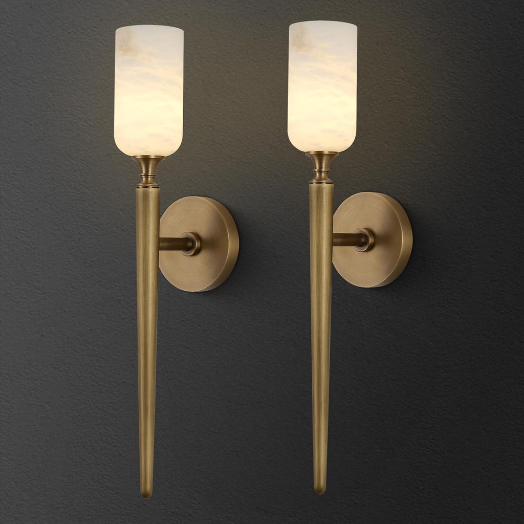 Alabaster Wall Sconces Set of Two, 22in Modern Spanish Natural Marble Bathroom Vanity Sconces, Brass Alabaster Sconce Wall Lighting, Gold Wall Light Fixtures Decor for Bedroom Living Room Staircases
