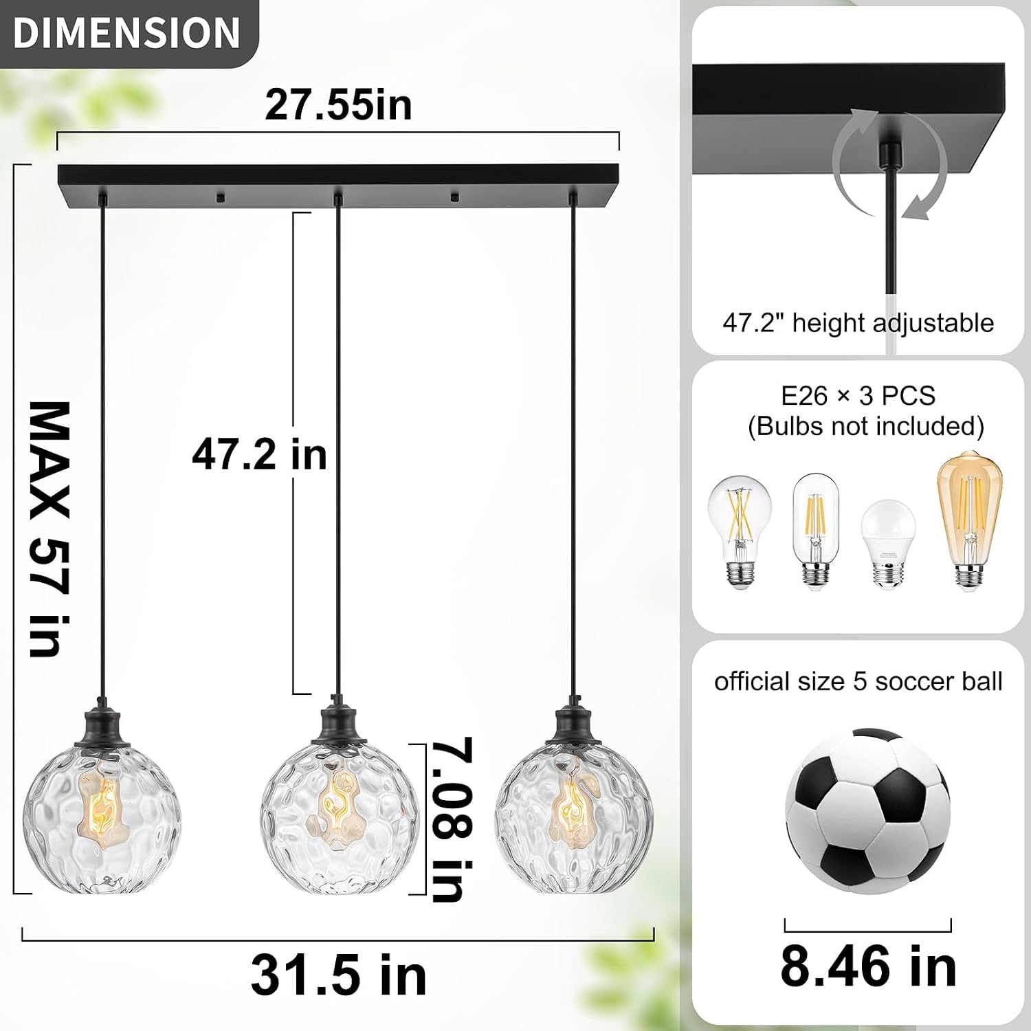 3 Light Pendant Lights Kitchen Island, Black Island Lights for Kitchen, 31.5' Globe Pendant Light with Clear Hammered Glass Shade, Adjustable Farmhouse Hanging Light Fixtures