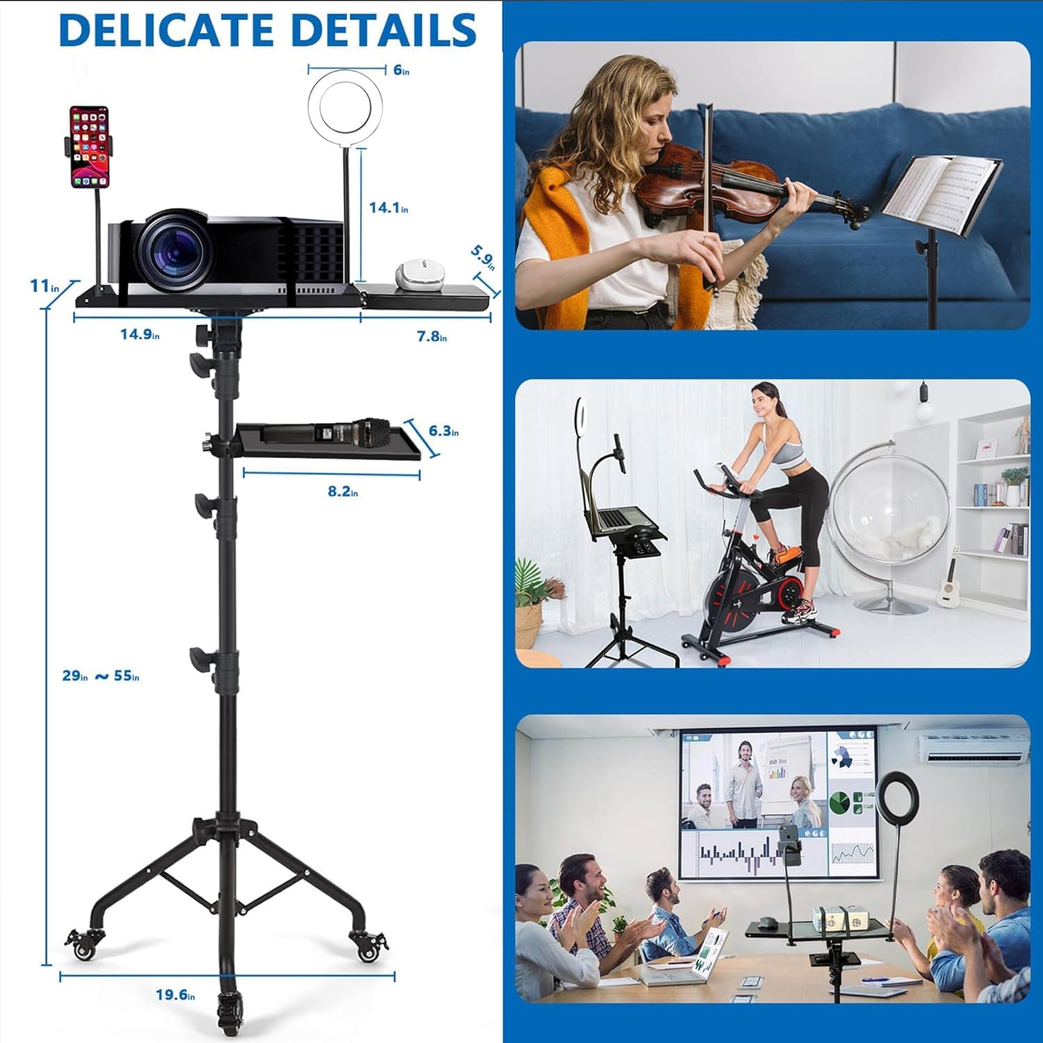 Projector Stand,Laptop Stand, Projector Tripod Stand with Wheels Adjustable Height Laptop Tripod Stand with LED Ring Light Carrying Bag 2 Shelves Mouse Tray Phone Holder Projector Music Stand Portable