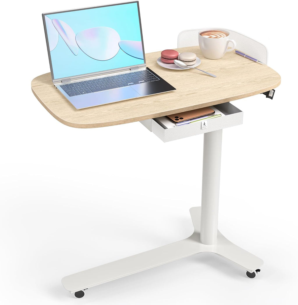 WALKINGDESK Rolling Desk Adjustable Height with Drawer and Wheels, Portable Small Standing Desk Pneumatic for Home Office, Mobile Computer Laptop Desk Cart, Medical Sofa Overbed Table, Oak
