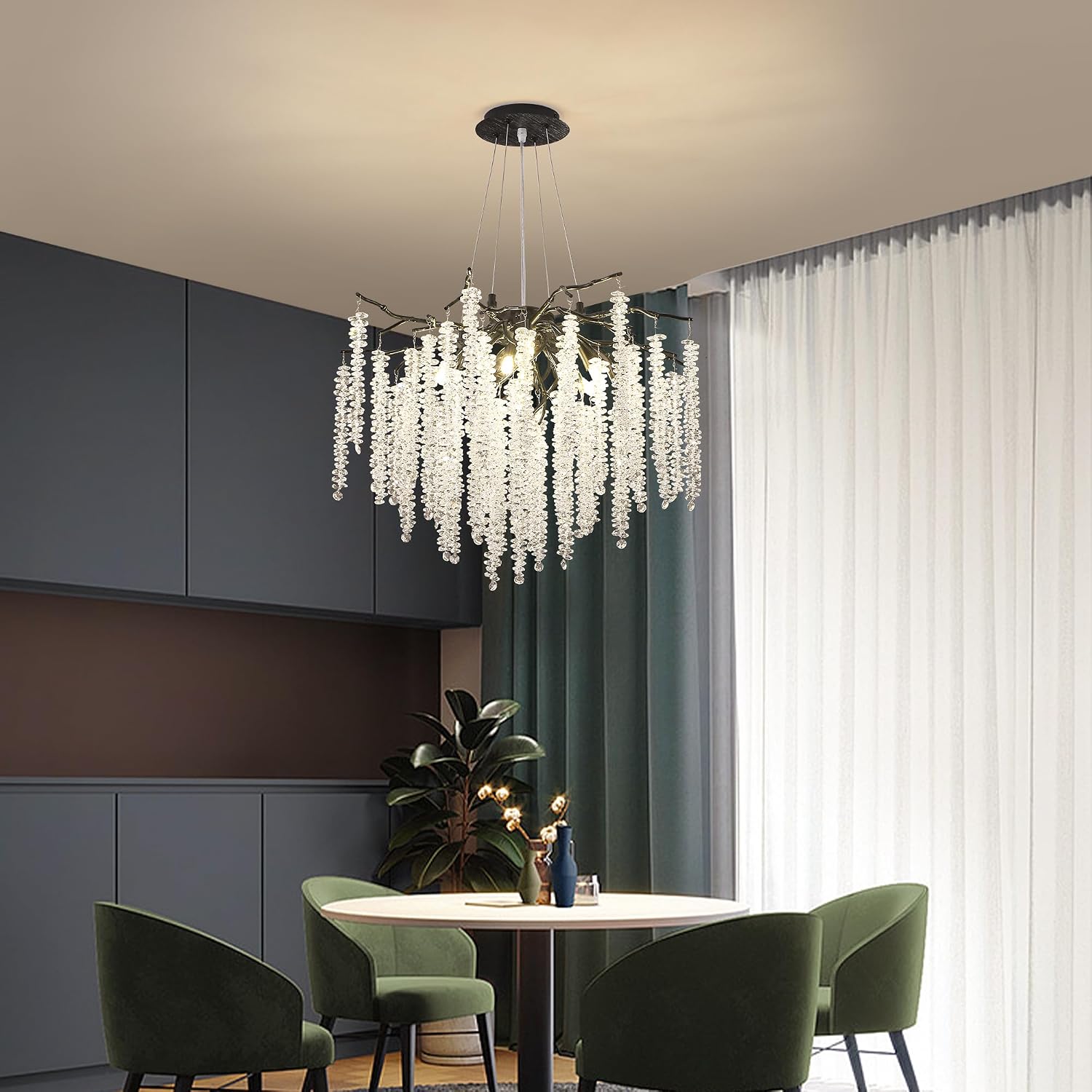 Modern Crystal Tree Branch Chandelier, D31.5'' Black Round Raindrop Indoor Hanging Branch Chandelier Fixture for Dining Room Living Room Bedroom 12 Lights