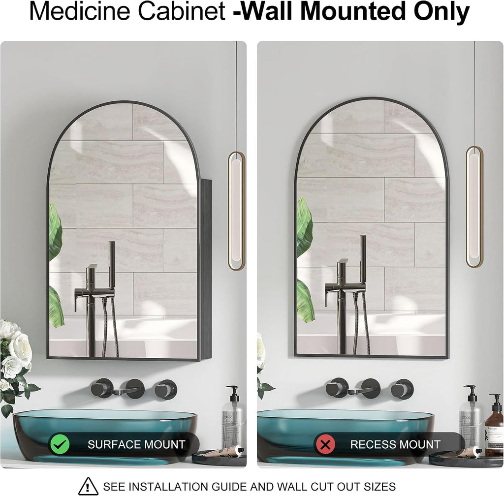 Arched Medicine Cabinet Mirror for Bathroom, Brushed Black Arch Mirror Cabinet with Storage,Adjustable Shelves, Wall Mounted Only, Modern Bathroom Storage,20x32 Inch