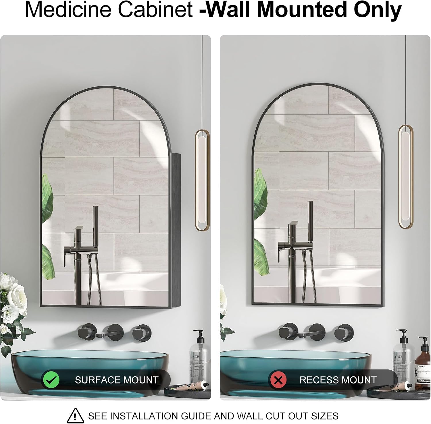 Arched Medicine Cabinet Mirror for Bathroom, Brushed Black Arch Mirror Cabinet with Storage,Adjustable Shelves, Wall Mounted Only, Modern Bathroom Storage,20x32 Inch