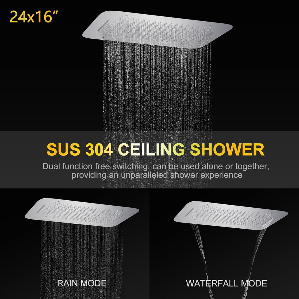 AYIVG Brushed Nickel 4 Function Dual Shower Head System 16 X 24 Inch Rainfall Waterfall And 8 Inch Wall Mount With Handheld shower head Digital Display Shower Valve Set