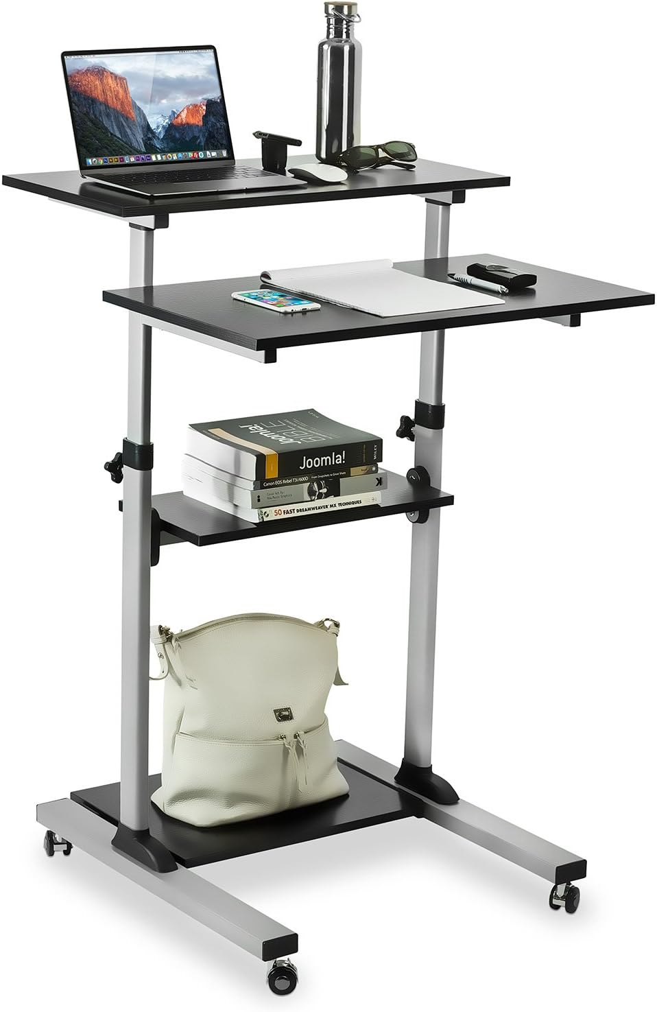 Mount-It! Rolling Standing Desk Adjustable Height up to 54.7', Portable Laptop Podium Desk on Wheels, Mobile Presentation Cart with Shelves, Adjustable Computer Workstation Home Office, Classroom