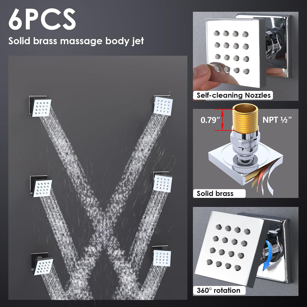 Luxury 15.7x31.5inch LED Rainfall Shower Multi Shower Head Thermostatic Shower System with Body Spray, Chrome
