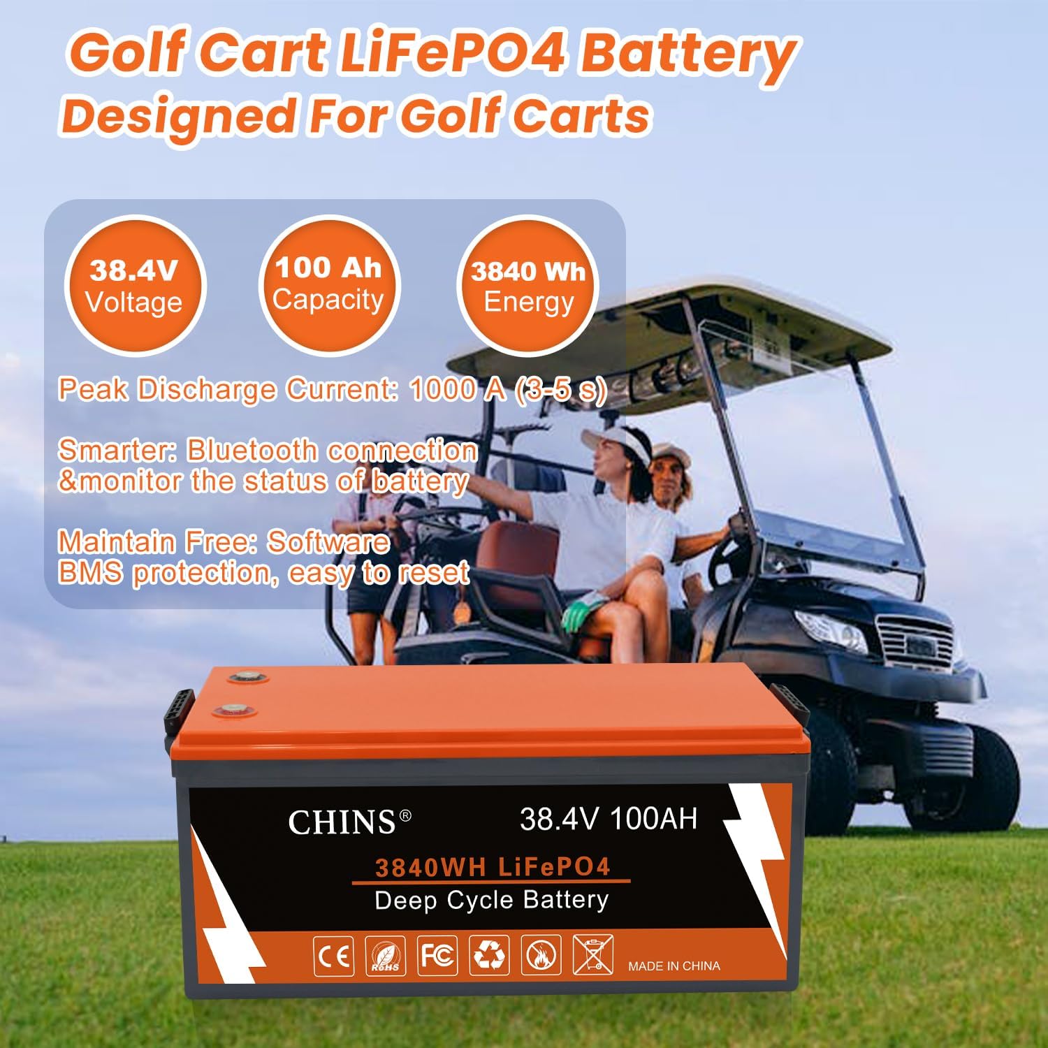 CHINS 36V Golf Cart Bluetooth LiFePO4 Battery, with 200A BMS, includes 36V 25A Lithium Charger and Monitor, 1000A Peak Current Perfect for Golf Cart, Trolling Motor etc